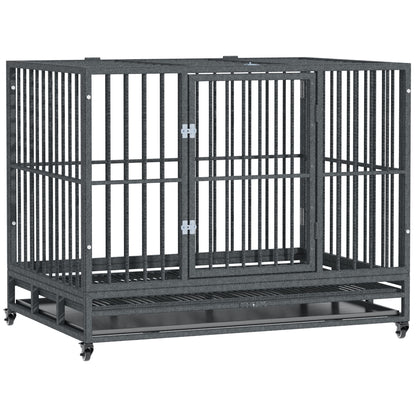 PawHut 43" Heavy Duty Dog Crate Metal Cage Kennel with Lockable Wheels, Double Door and Removable Tray, Gray