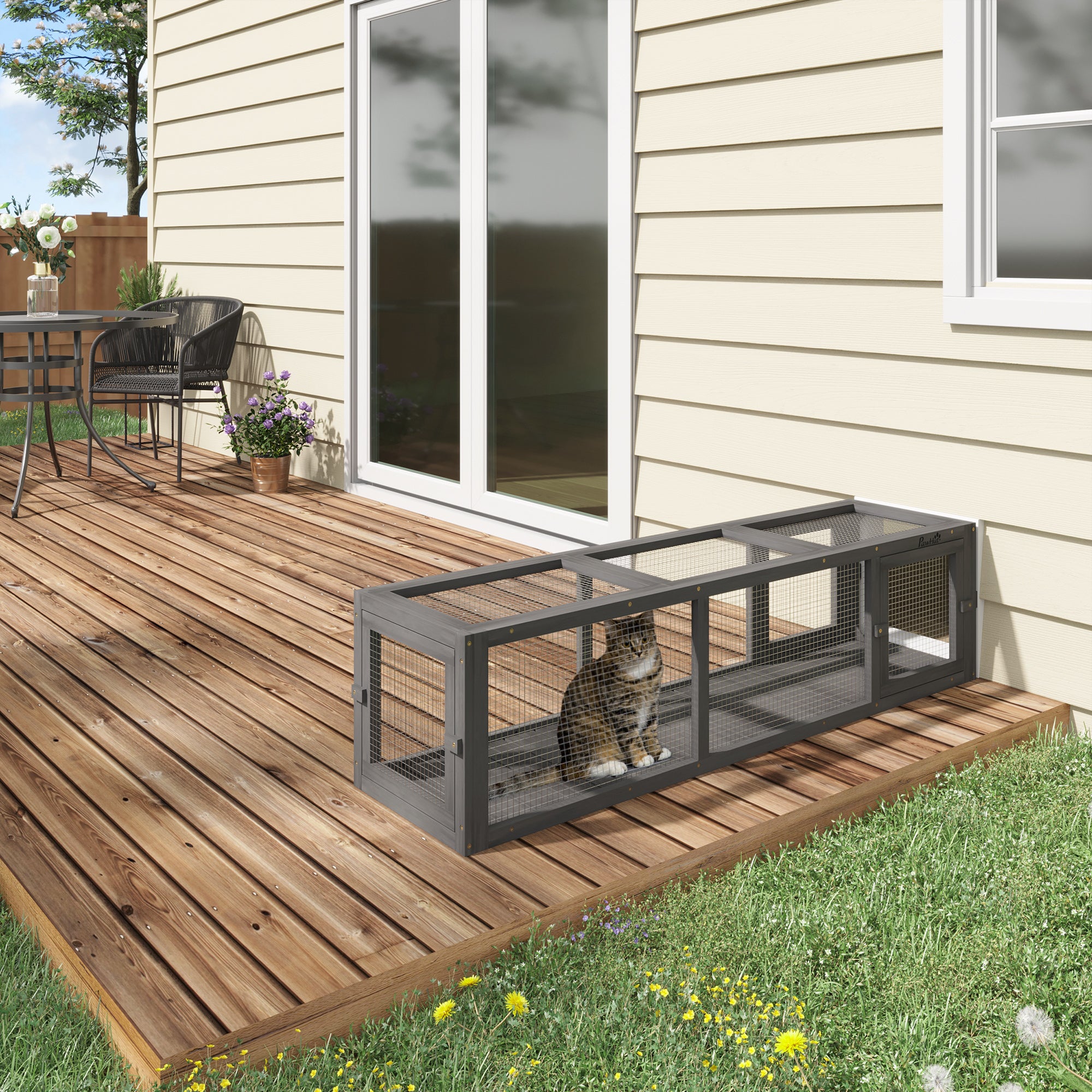 PawHut Large Cat Tunnel 150cm Extra Long Cat Enclosure w/ Multiple Entrances, for Cat, Rabbit, Puppy - Grey