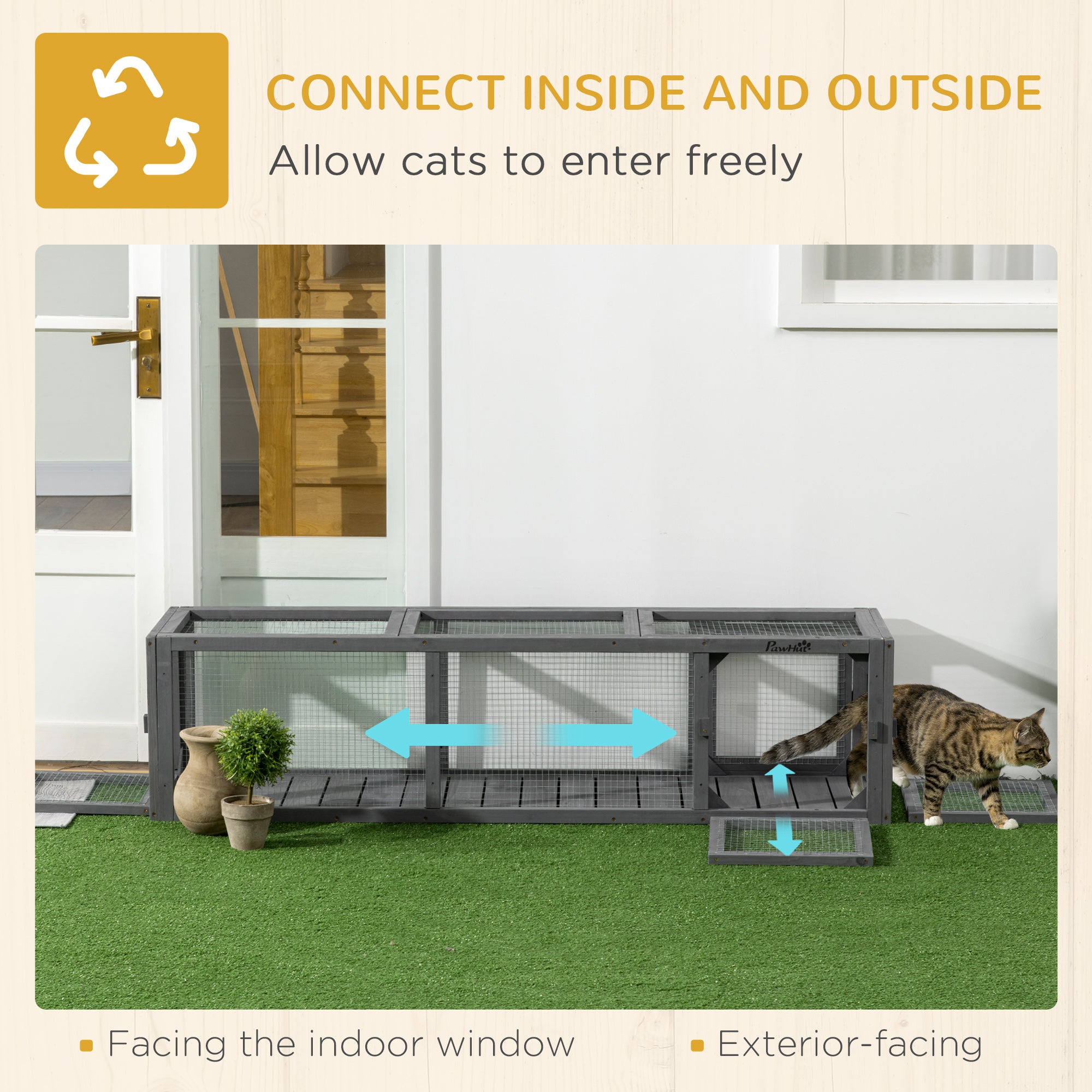 PawHut 59" Long Cat Tunnel, Cat shelter L- Shape with Extendable Design, Cat Enclosure for Indoor/Outdoor Use with Weather Protection, Removable Door, Lead Grey