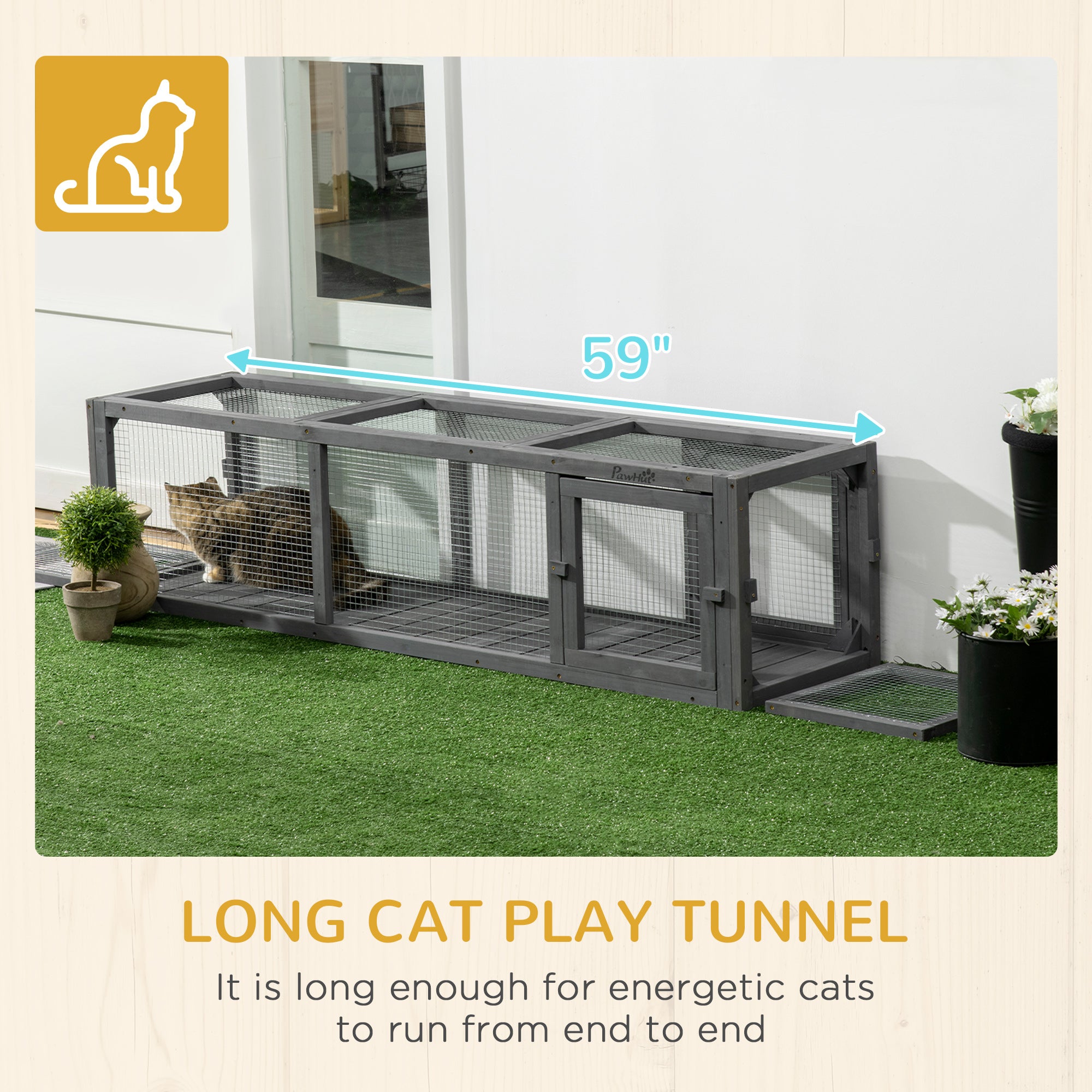 PawHut 59" Long Cat Tunnel, Cat shelter L- Shape with Extendable Design, Cat Enclosure for Indoor/Outdoor Use with Weather Protection, Removable Door, Lead Grey