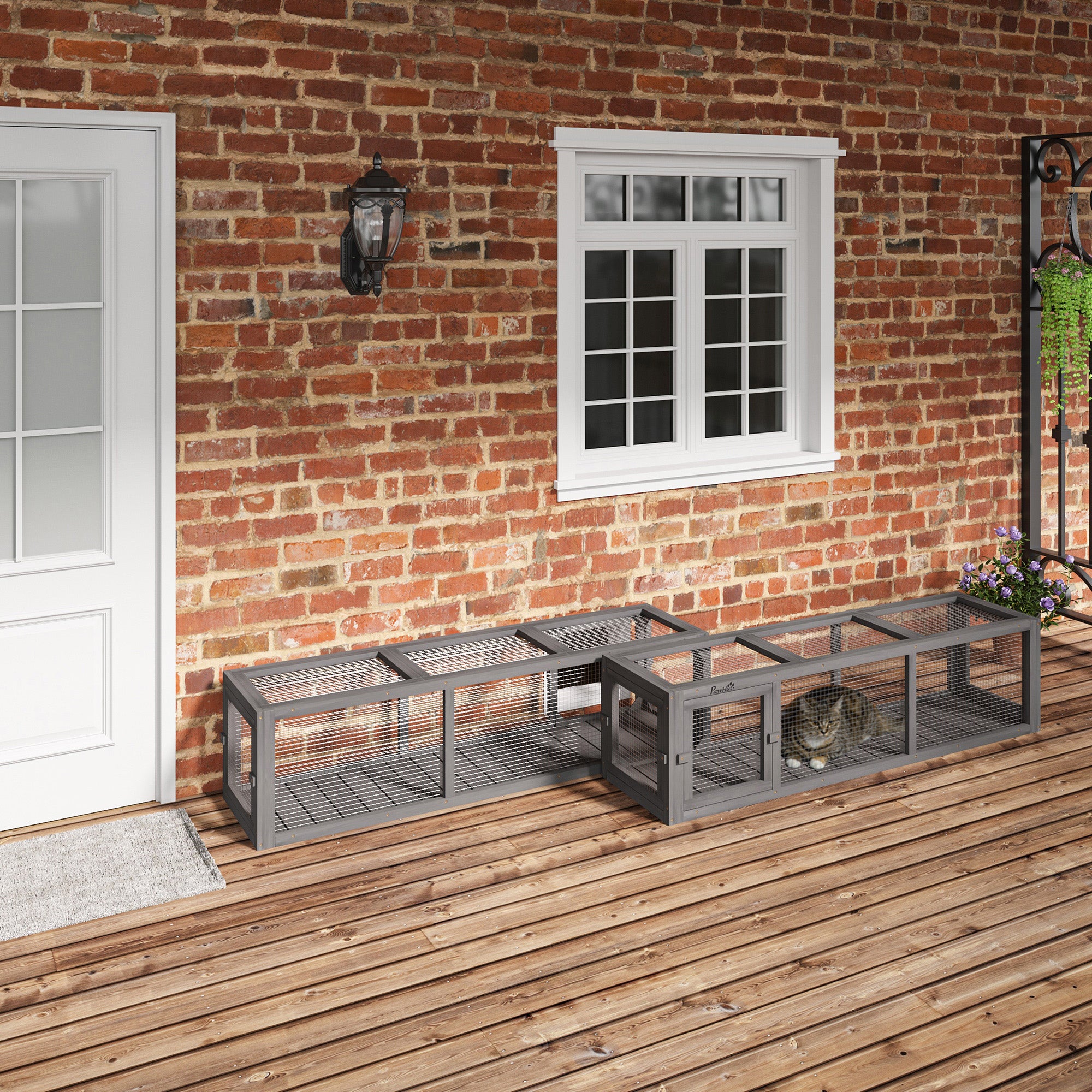 PawHut 59" Long Cat Tunnel, Cat shelter L- Shape with Extendable Design, Cat Enclosure for Indoor/Outdoor Use with Weather Protection, Removable Door, Lead Grey