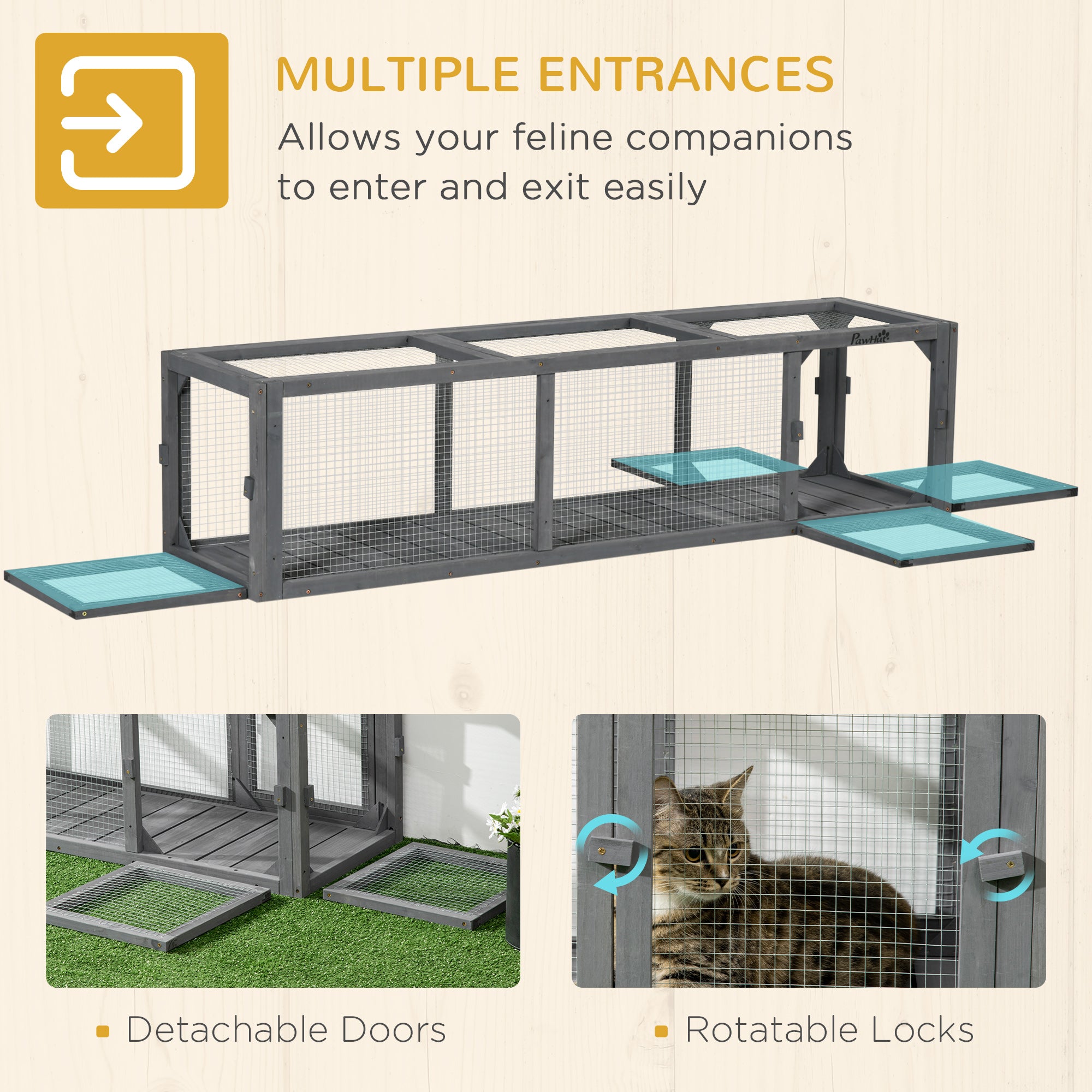 PawHut 59" Long Cat Tunnel, Cat shelter L- Shape with Extendable Design, Cat Enclosure for Indoor/Outdoor Use with Weather Protection, Removable Door, Lead Grey