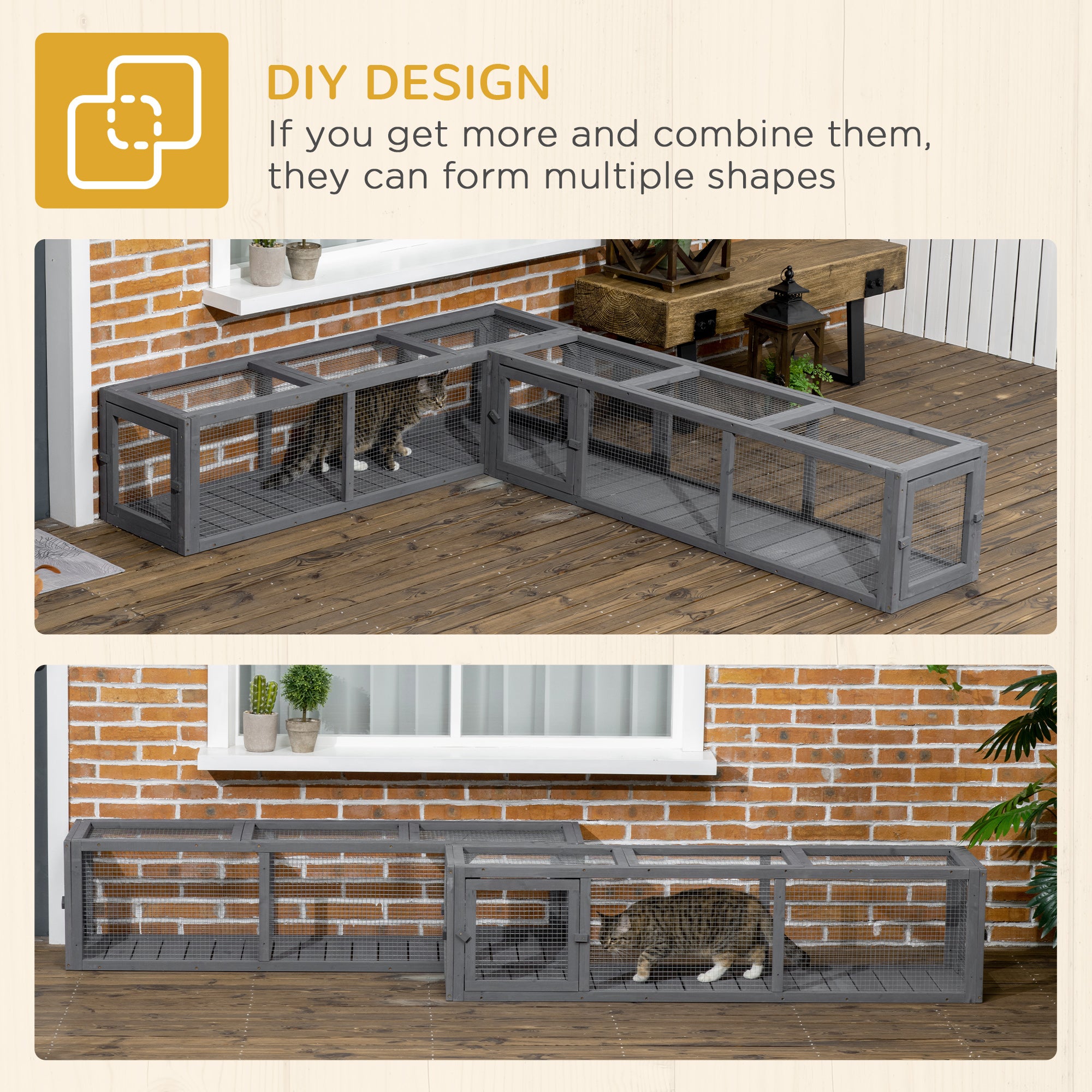 PawHut 59" Long Cat Tunnel, Cat shelter L- Shape with Extendable Design, Cat Enclosure for Indoor/Outdoor Use with Weather Protection, Removable Door, Lead Grey