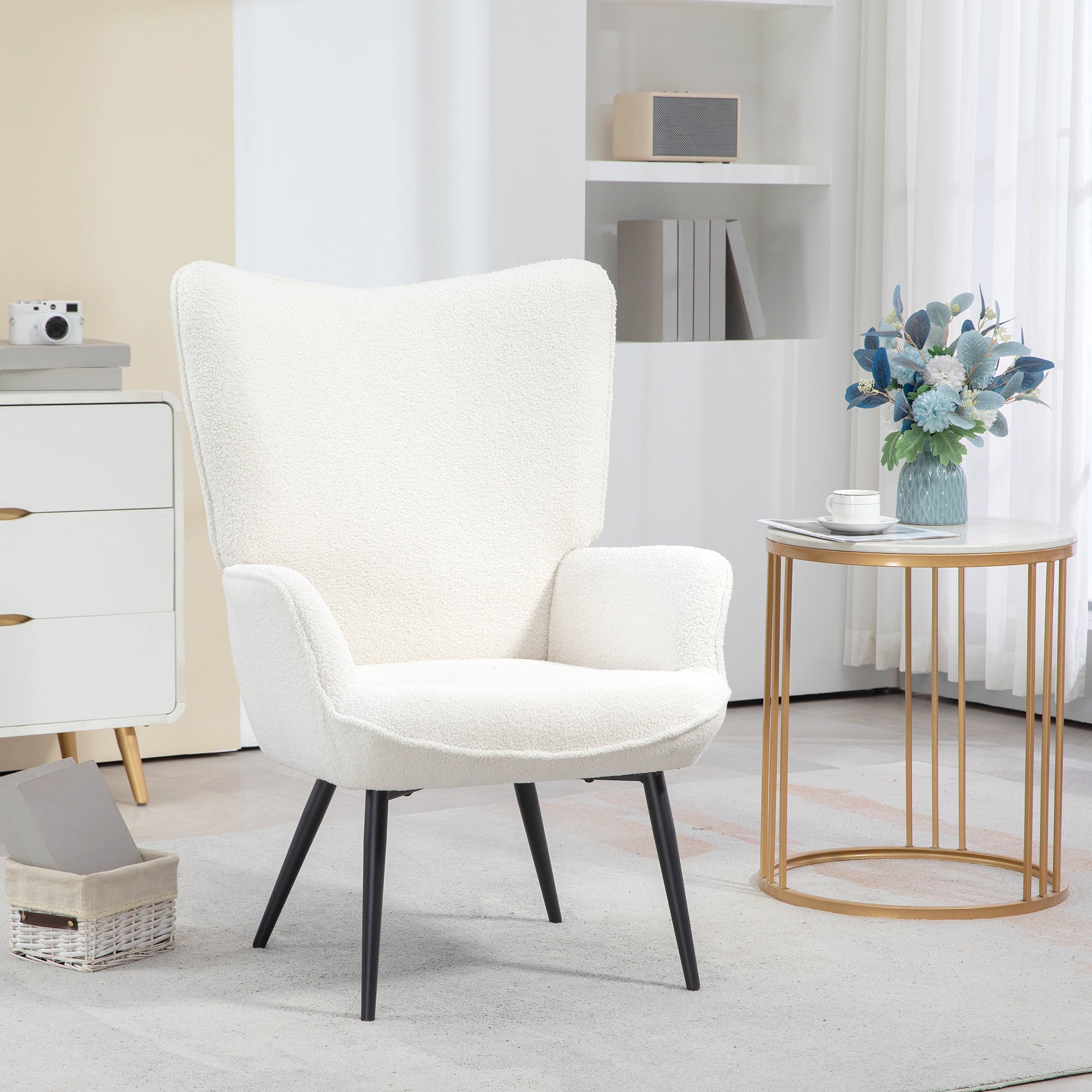 HOMCOM Modern Sherpa Boucle Accent Chair, Upholstered Lounge Chair, Fluffy Armchair for Living Room, Bedroom, Reading Room, Cream White