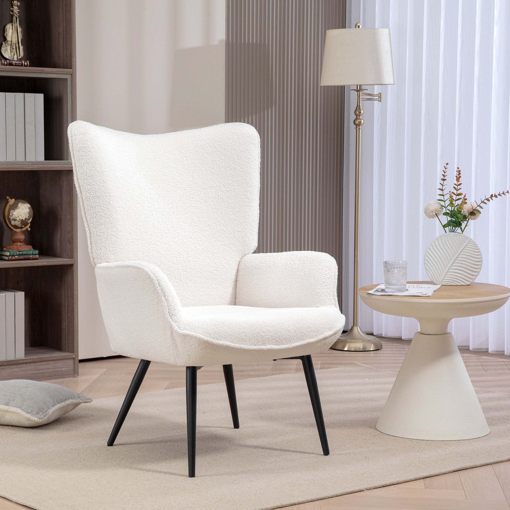 HOMCOM Modern Sherpa Boucle Accent Chair, Upholstered Lounge Chair, Fluffy Armchair for Living Room, Bedroom, Reading Room, Cream White
