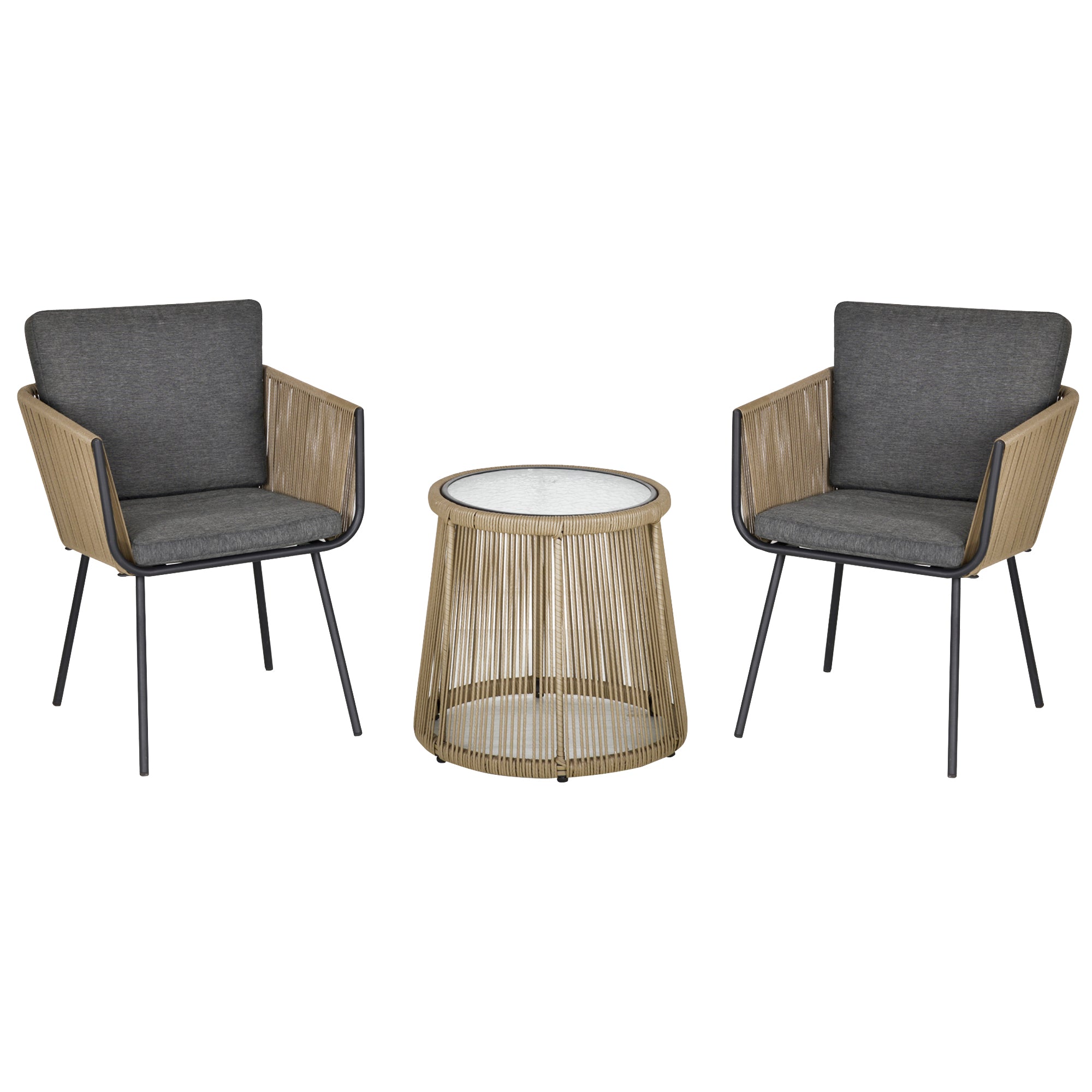 Outsunny 3 Pieces Wicker Patio Furniture Set, Rattan Bistro Set with Coffee Table and Cushions, Outdoor Conversation Set for Garden, Porch, Balcony, Grey