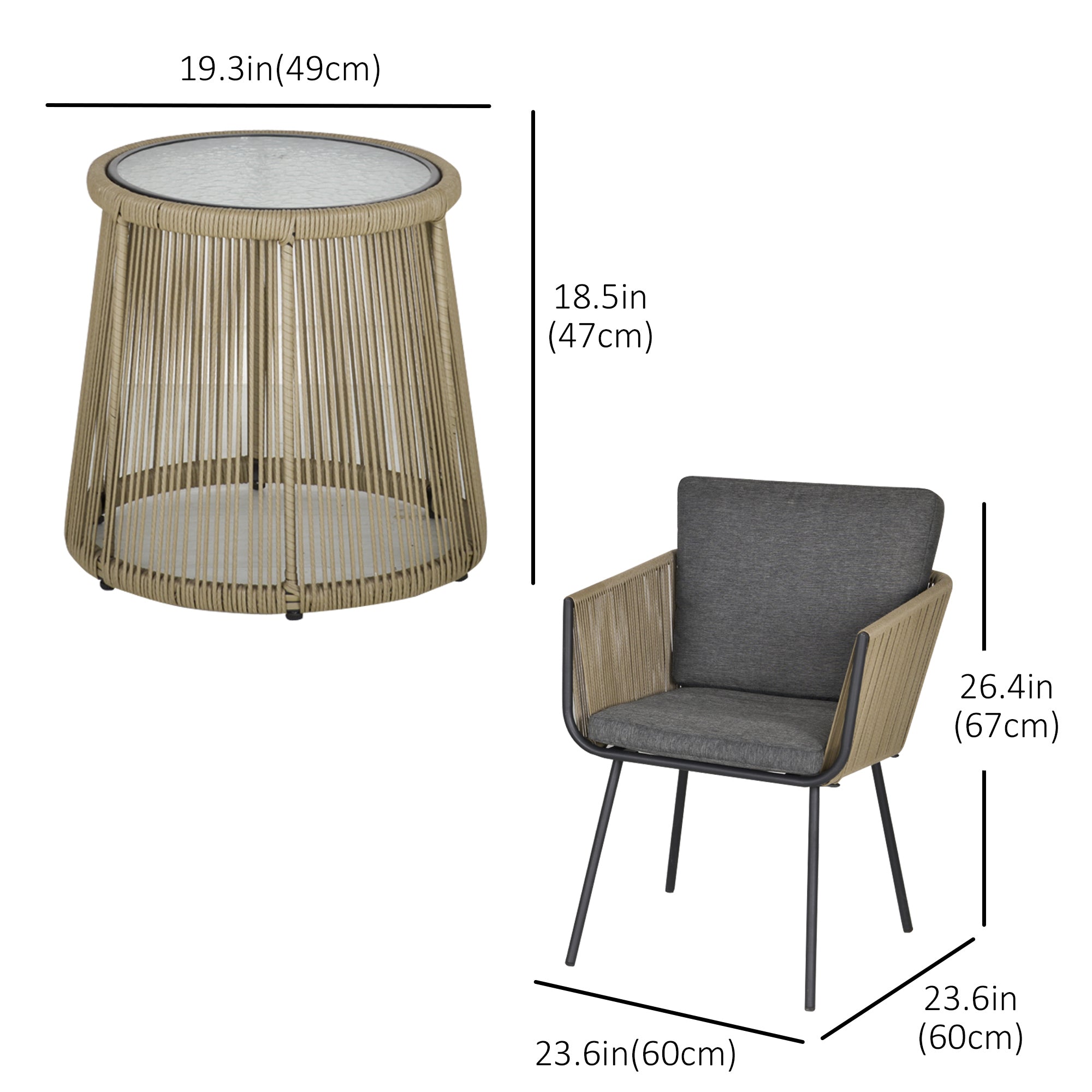 Outsunny 3 Pieces Wicker Patio Furniture Set, Rattan Bistro Set with Coffee Table and Cushions, Outdoor Conversation Set for Garden, Porch, Balcony, Grey