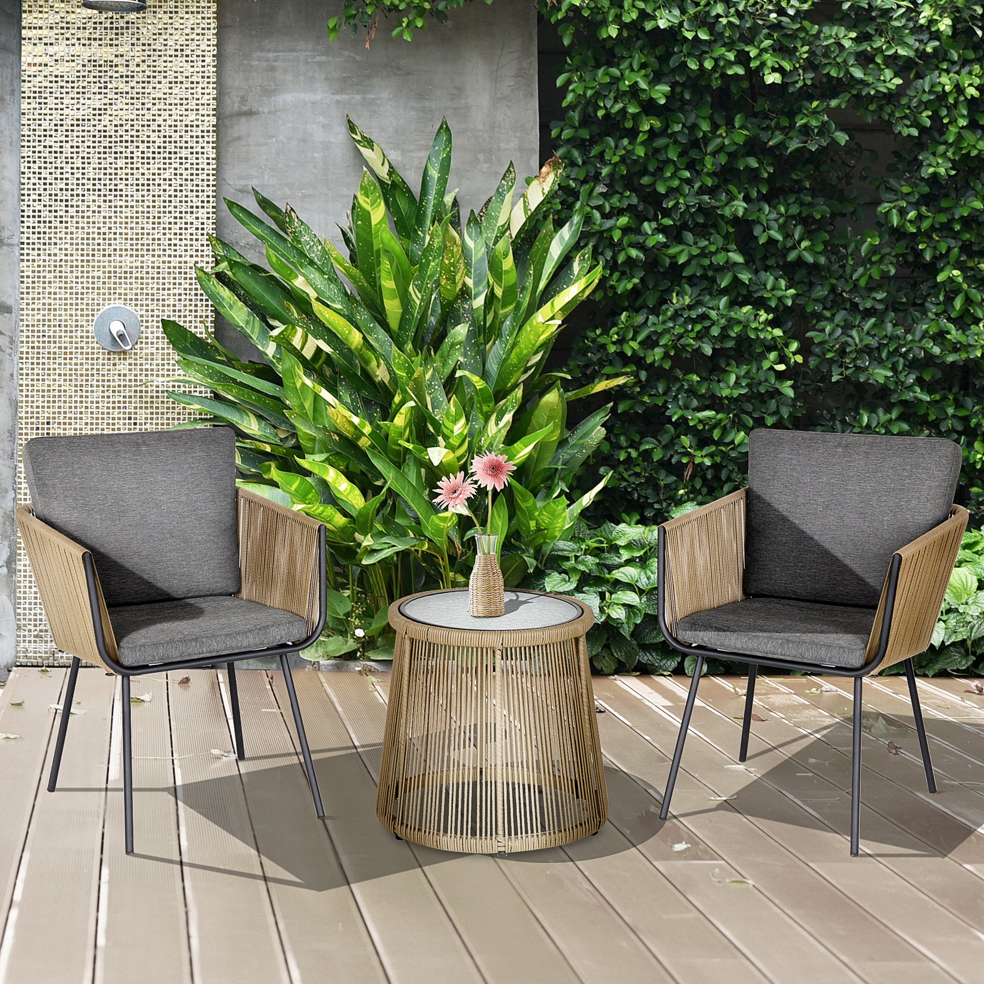 Outsunny 3 Pieces Wicker Patio Furniture Set, Rattan Bistro Set with Coffee Table and Cushions, Outdoor Conversation Set for Garden, Porch, Balcony, Grey