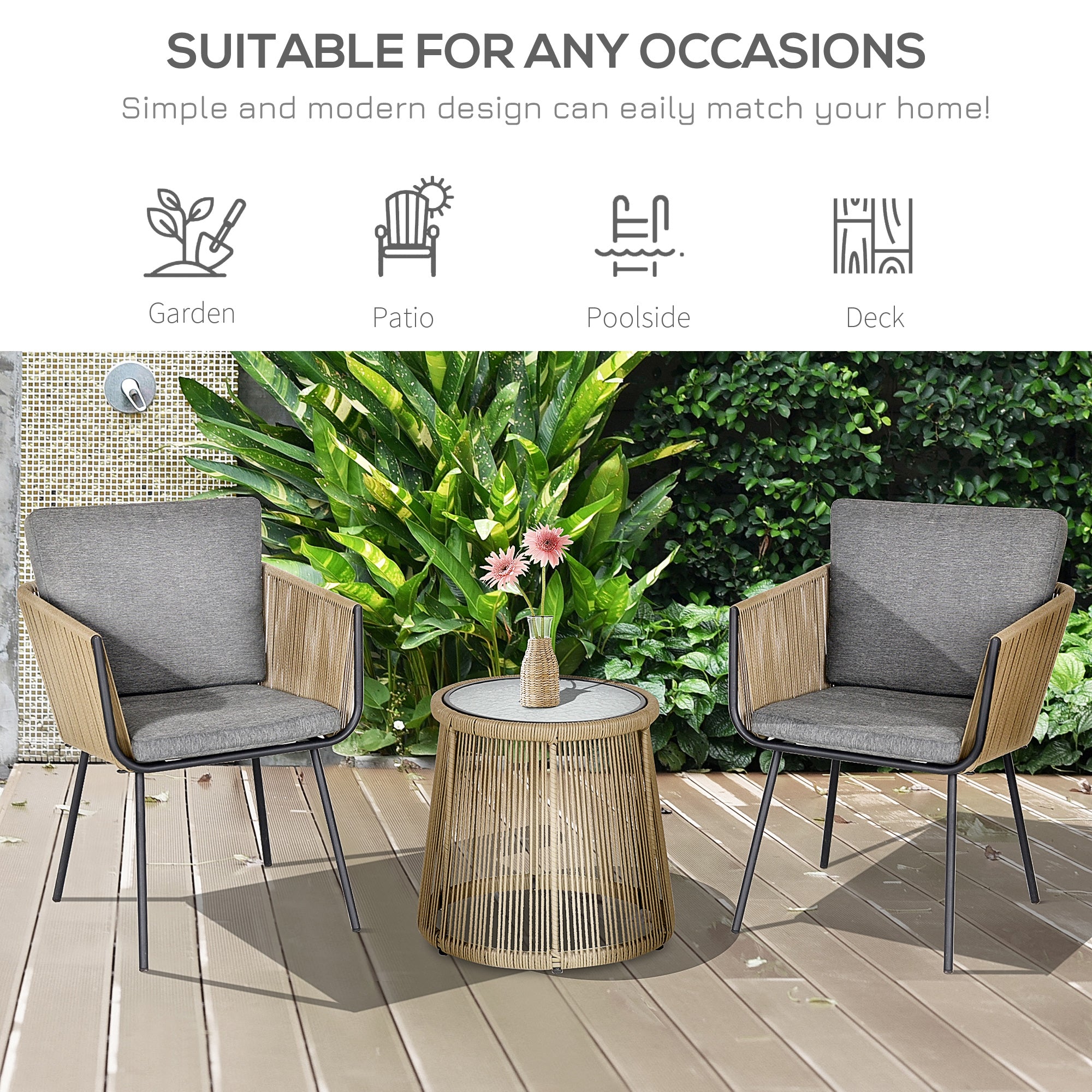 Outsunny 3 Pieces Wicker Patio Furniture Set, Rattan Bistro Set with Coffee Table and Cushions, Outdoor Conversation Set for Garden, Porch, Balcony, Grey
