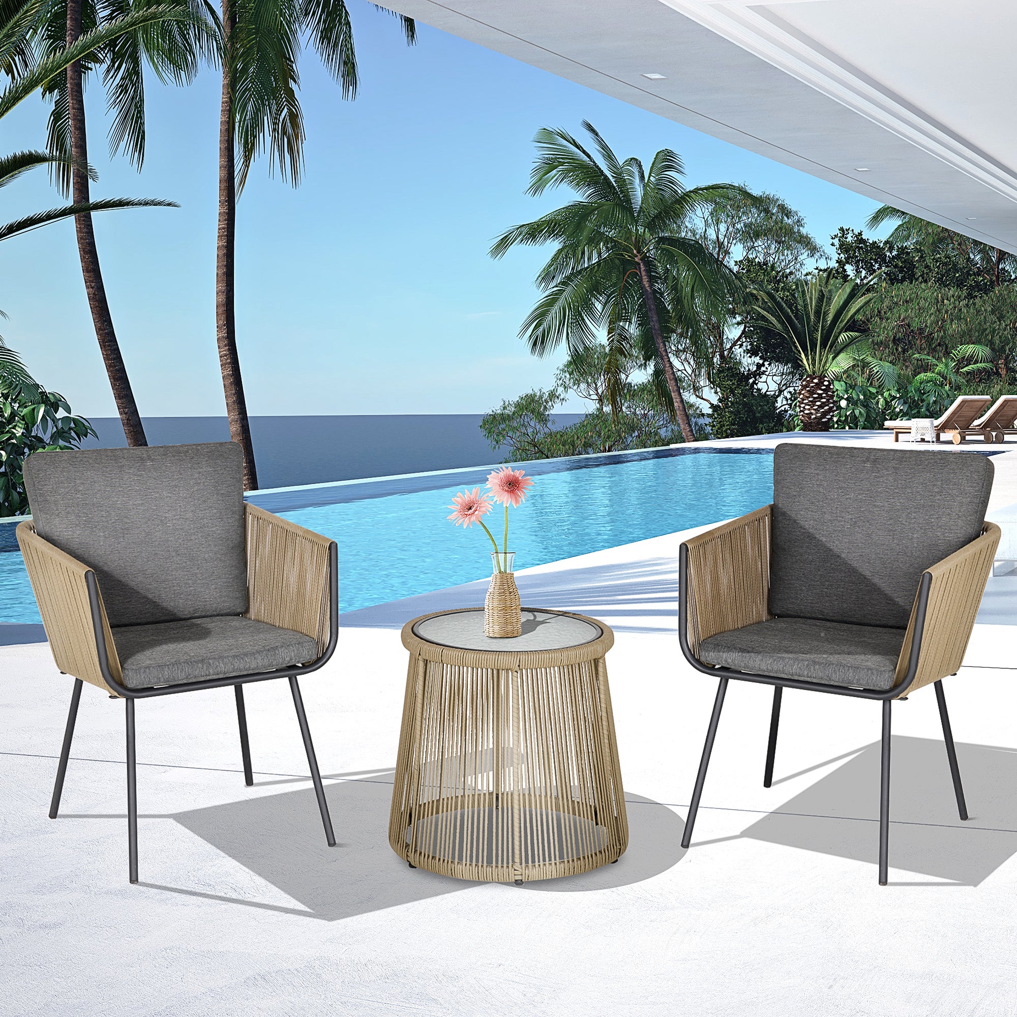 Outsunny 3 Pieces Wicker Patio Furniture Set, Rattan Bistro Set with Coffee Table and Cushions, Outdoor Conversation Set for Garden, Porch, Balcony, Grey