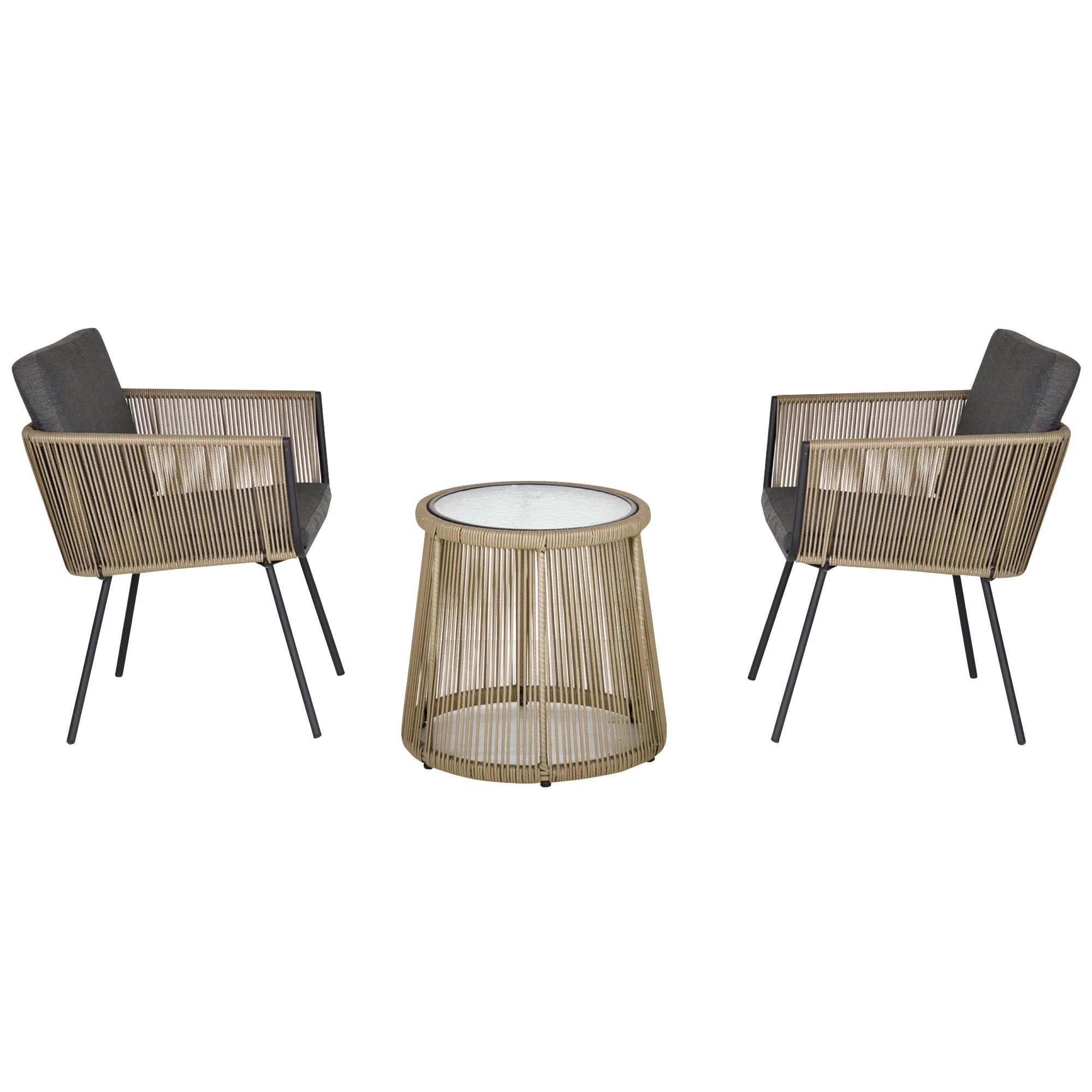 Outsunny 3 Pieces Wicker Patio Furniture Set, Rattan Bistro Set with Coffee Table and Cushions, Outdoor Conversation Set for Garden, Porch, Balcony, Grey