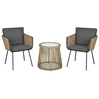 Outsunny 3 Pieces Wicker Patio Furniture Set, Rattan Bistro Set with Coffee Table and Cushions, Outdoor Conversation Set for Garden, Porch, Balcony, Grey