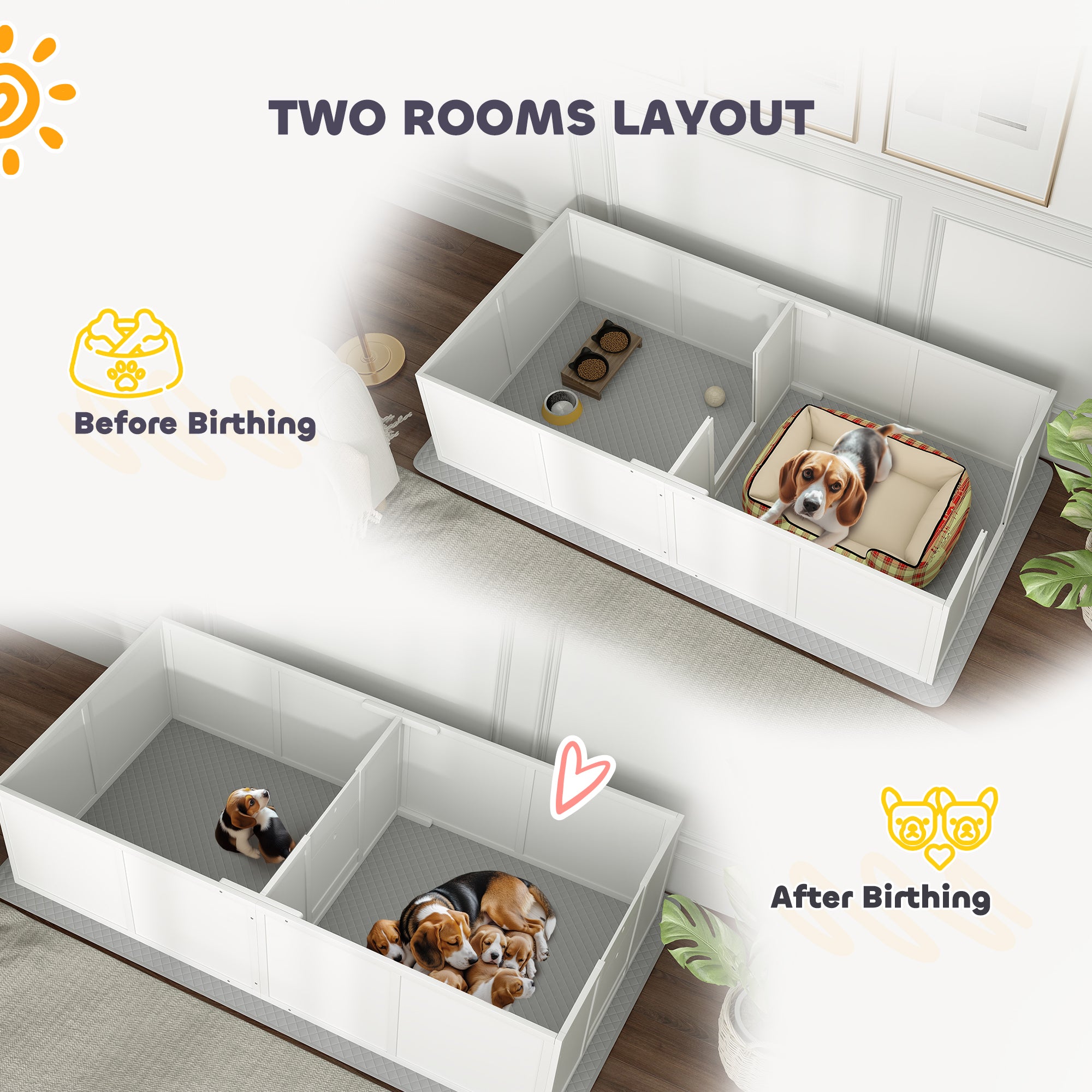 PawHut Whelping Box for Dogs and Puppies, Dog Whelping Box with Washable Waterproof Pee Pad & Adjustable Door for Medium and Small Dogs, White, 77" x 38" x 19"