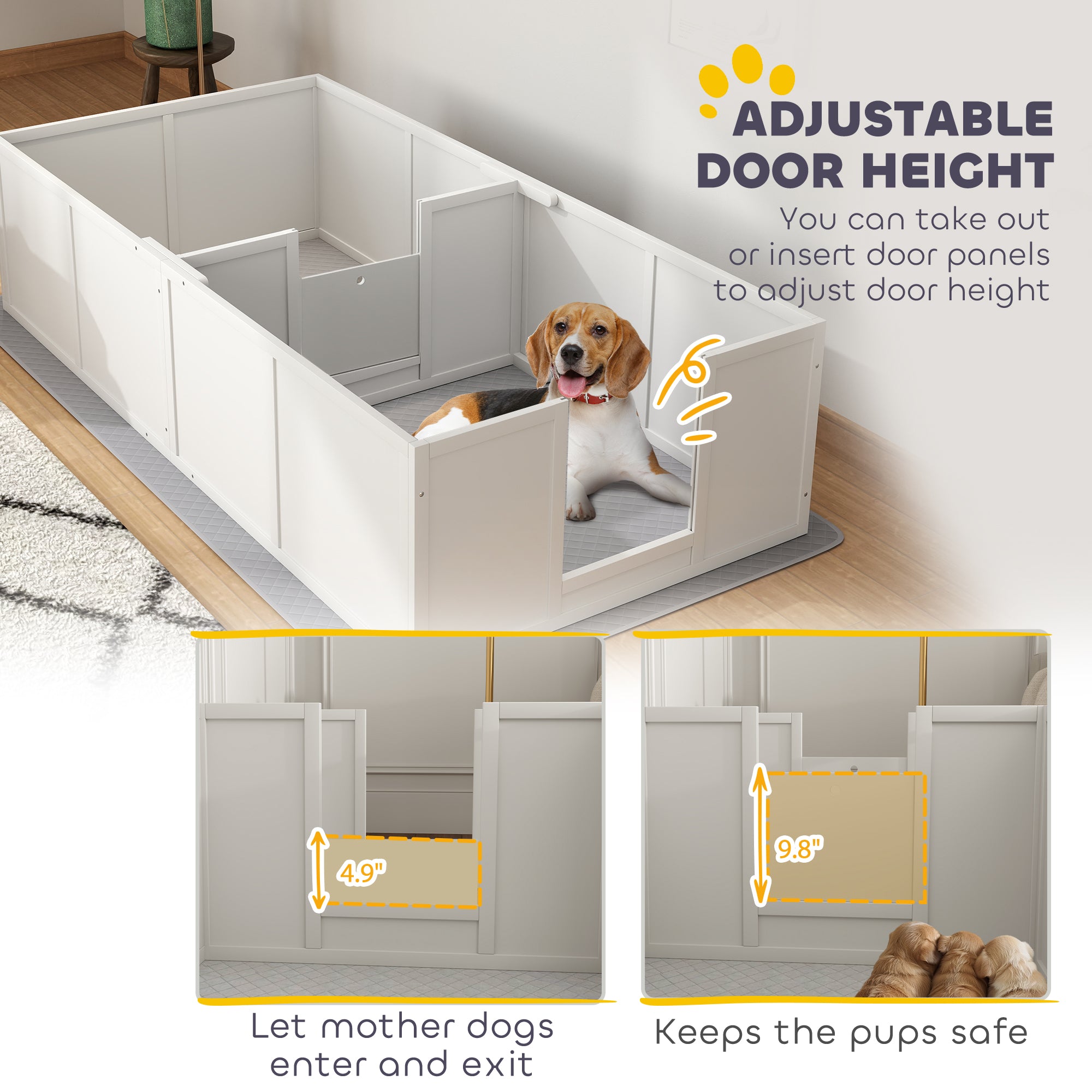 PawHut Whelping Box for Dogs and Puppies, Dog Whelping Box with Washable Waterproof Pee Pad & Adjustable Door for Medium and Small Dogs, White, 77" x 38" x 19"