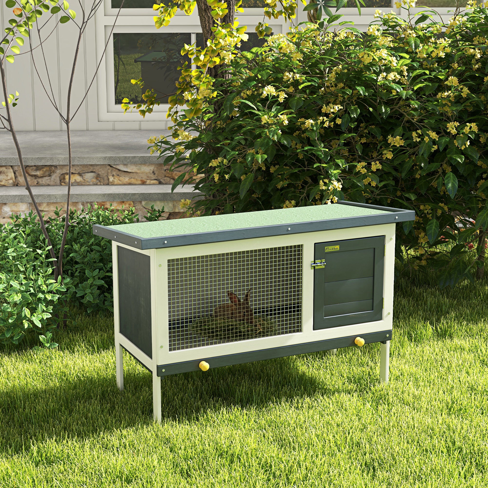 PawHut Wooden Rabbit Hutch Guinea Pig Hutch Bunny Cage Small Animal Habitat Openable Asphalt Roof for Outdoor Use 90 x 45 x 65 cm