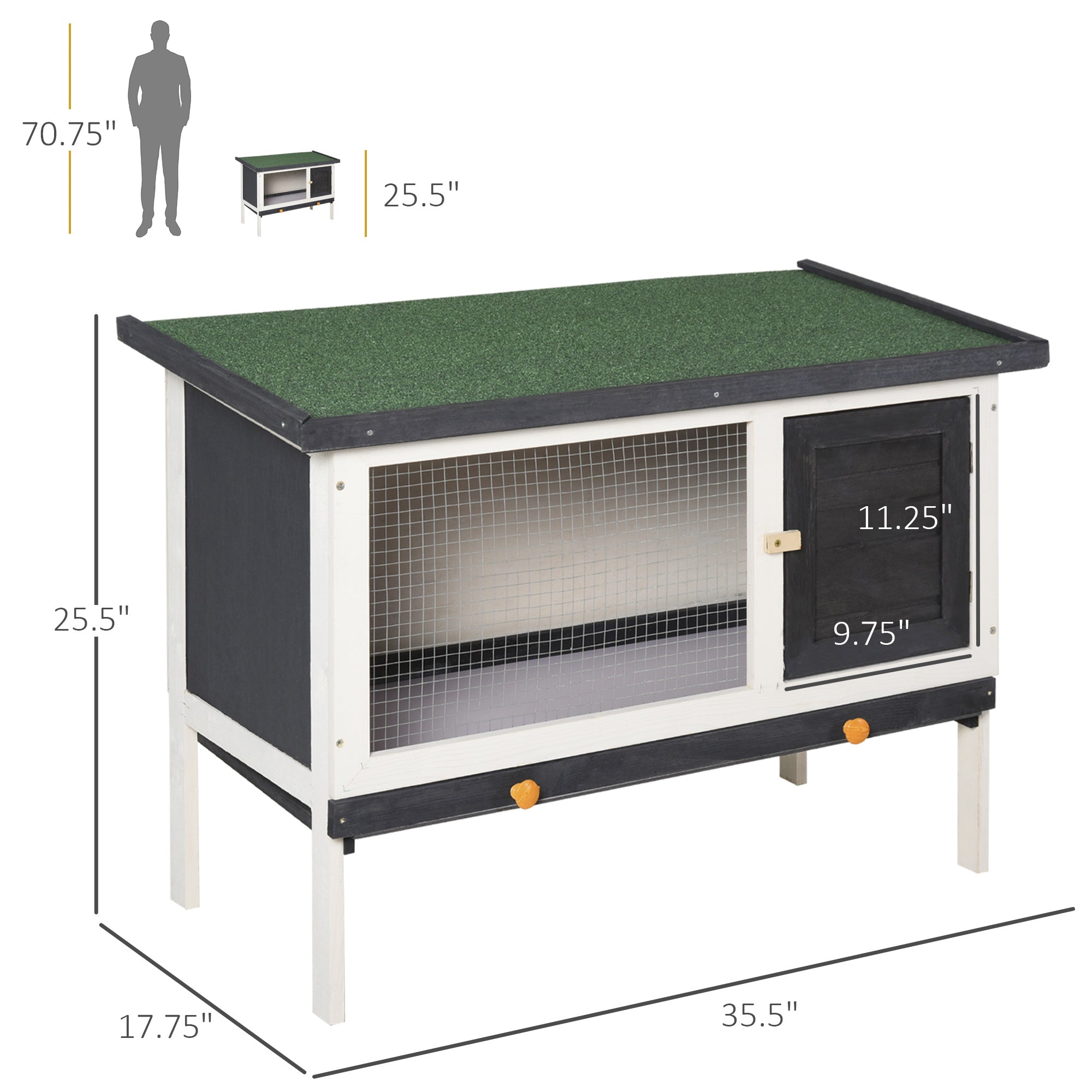 PawHut Wooden Rabbit Hutch, Bunny Cage, Guinea Pig House with Pull-Out Tray, and Openable Asphalt Roof for Outdoor, Black