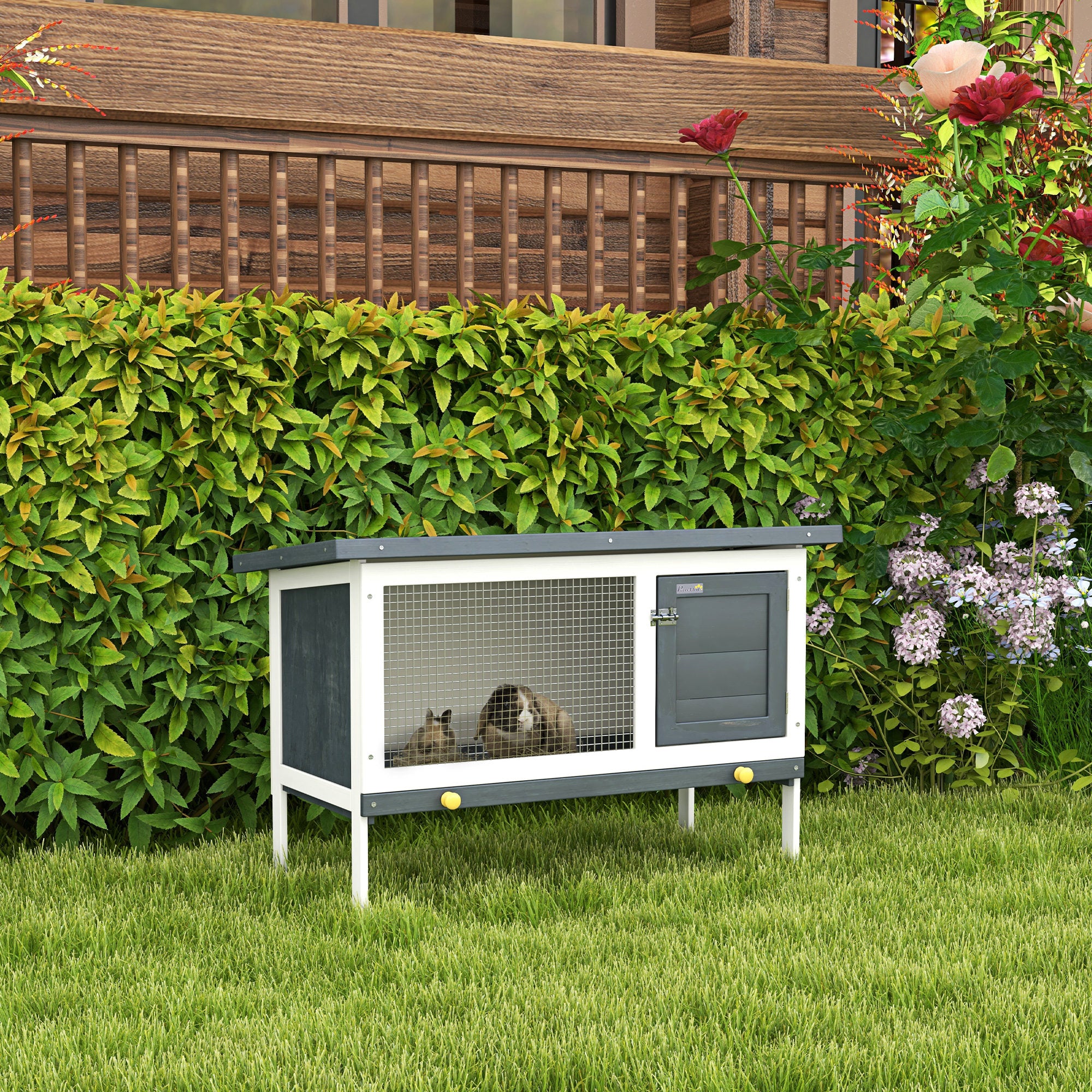 PawHut Wooden Rabbit Hutch, Bunny Cage, Guinea Pig House with Pull-Out Tray, and Openable Asphalt Roof for Outdoor, Black