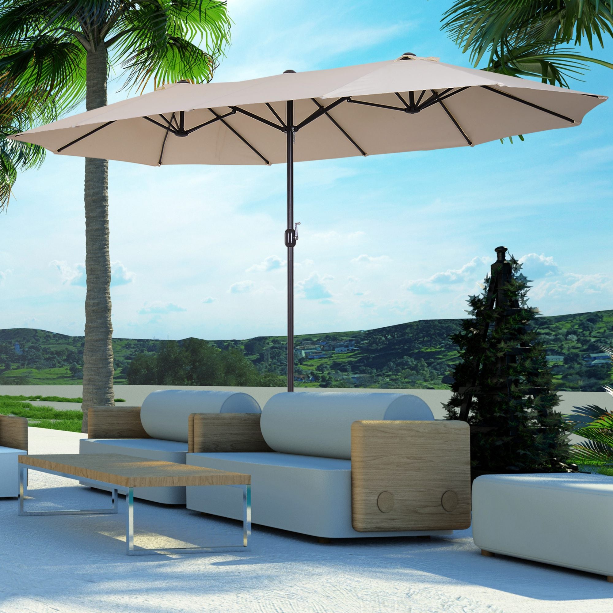 Outsunny 15ft Double-sided Patio Umbrella with Twin Canopy, Extra Large Outdoor Parasol with Crank for Pool, Deck, Market, Beige
