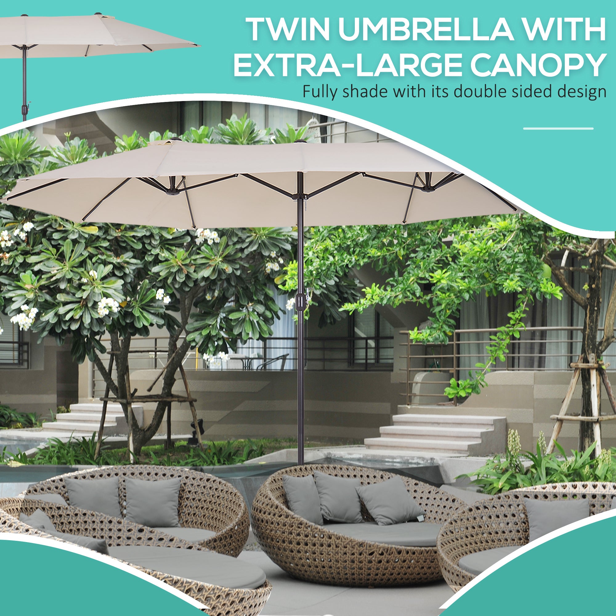 Outsunny 15ft Double-sided Patio Umbrella with Twin Canopy, Extra Large Outdoor Parasol with Crank for Pool, Deck, Market, Beige