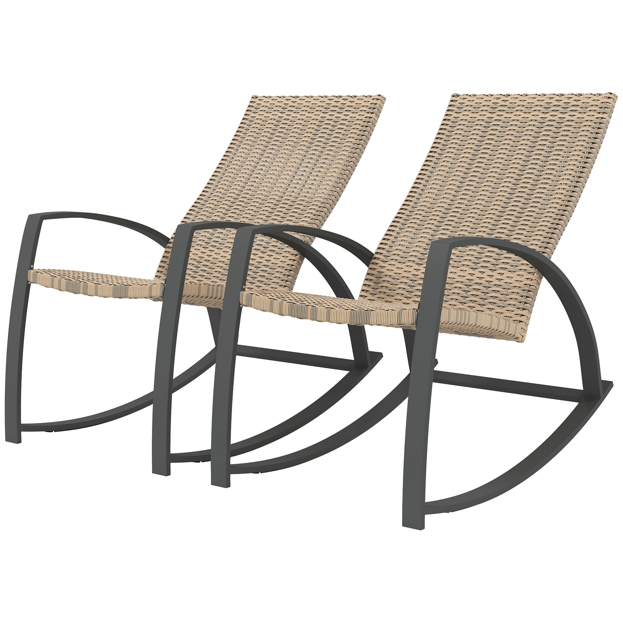 Outsunny 2 Pieces Wicker Outdoor Rocking Chair Set, PE Rattan Patio Rocking Chair Set with High Backrest, Armrests and Adjustable Foot Pads for Garden Backyard Porch, Khaki