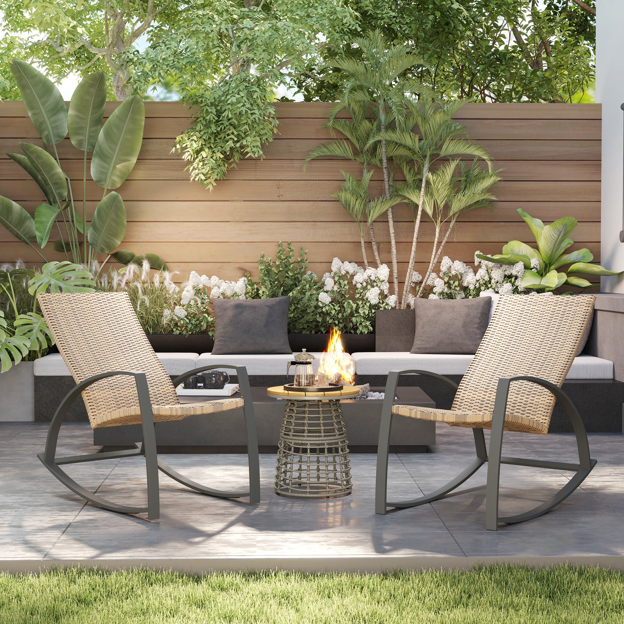 Outsunny 2 Pieces Wicker Outdoor Rocking Chair Set, PE Rattan Patio Rocking Chair Set with High Backrest, Armrests and Adjustable Foot Pads for Garden Backyard Porch, Khaki