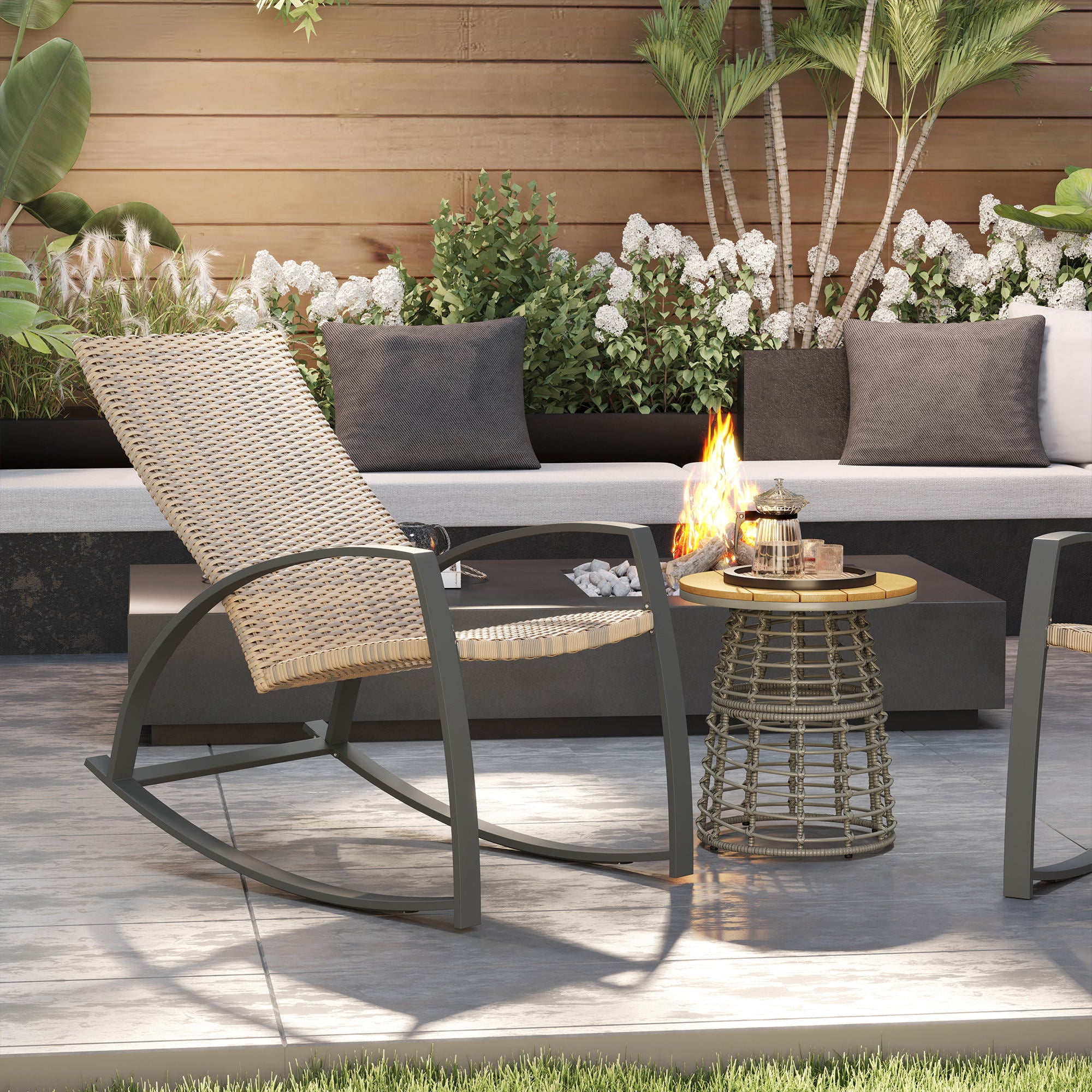 Outsunny 2 Pieces Wicker Outdoor Rocking Chair Set, PE Rattan Patio Rocking Chair Set with High Backrest, Armrests and Adjustable Foot Pads for Garden Backyard Porch, Khaki