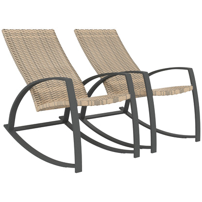 Outsunny 2 Pieces Wicker Outdoor Rocking Chair Set, PE Rattan Patio Rocking Chair Set with High Backrest, Armrests and Adjustable Foot Pads for Garden Backyard Porch, Khaki