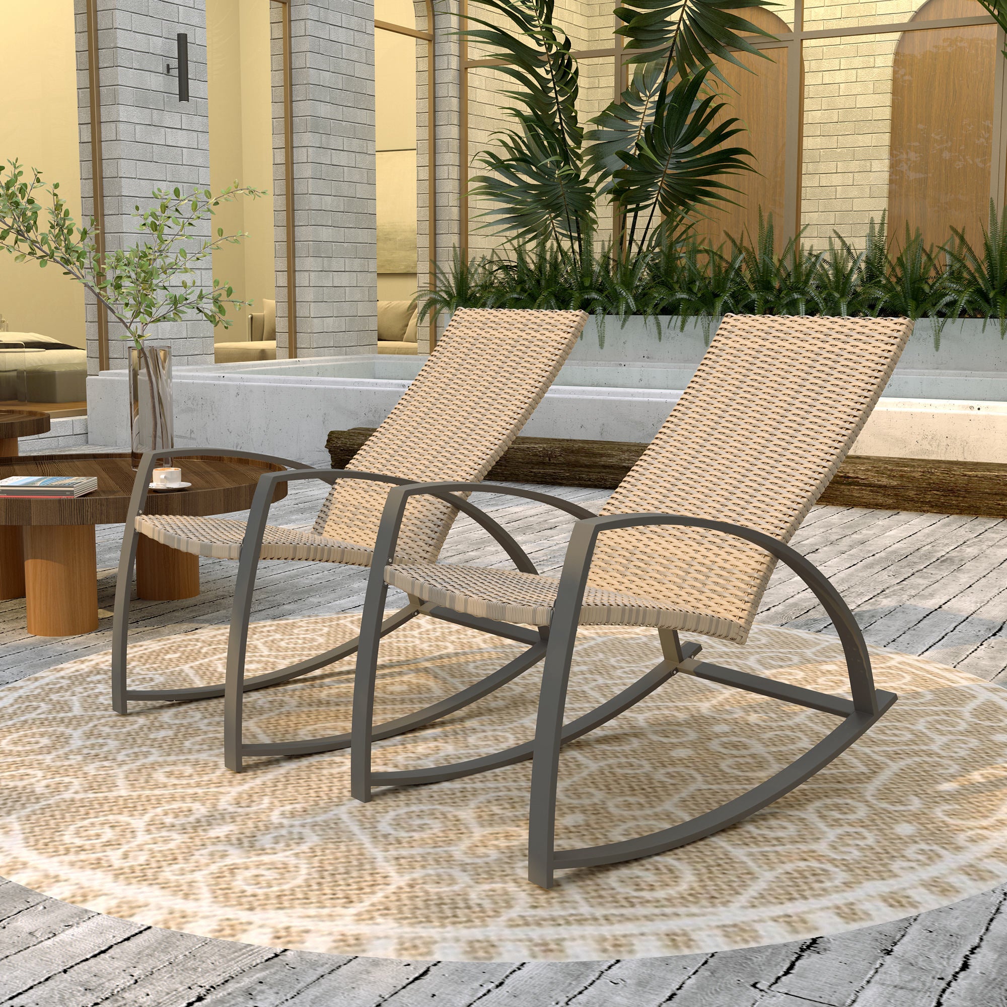 Outsunny 2 Pieces Wicker Outdoor Rocking Chair Set, PE Rattan Patio Rocking Chair Set with High Backrest, Armrests and Adjustable Foot Pads for Garden Backyard Porch, Khaki