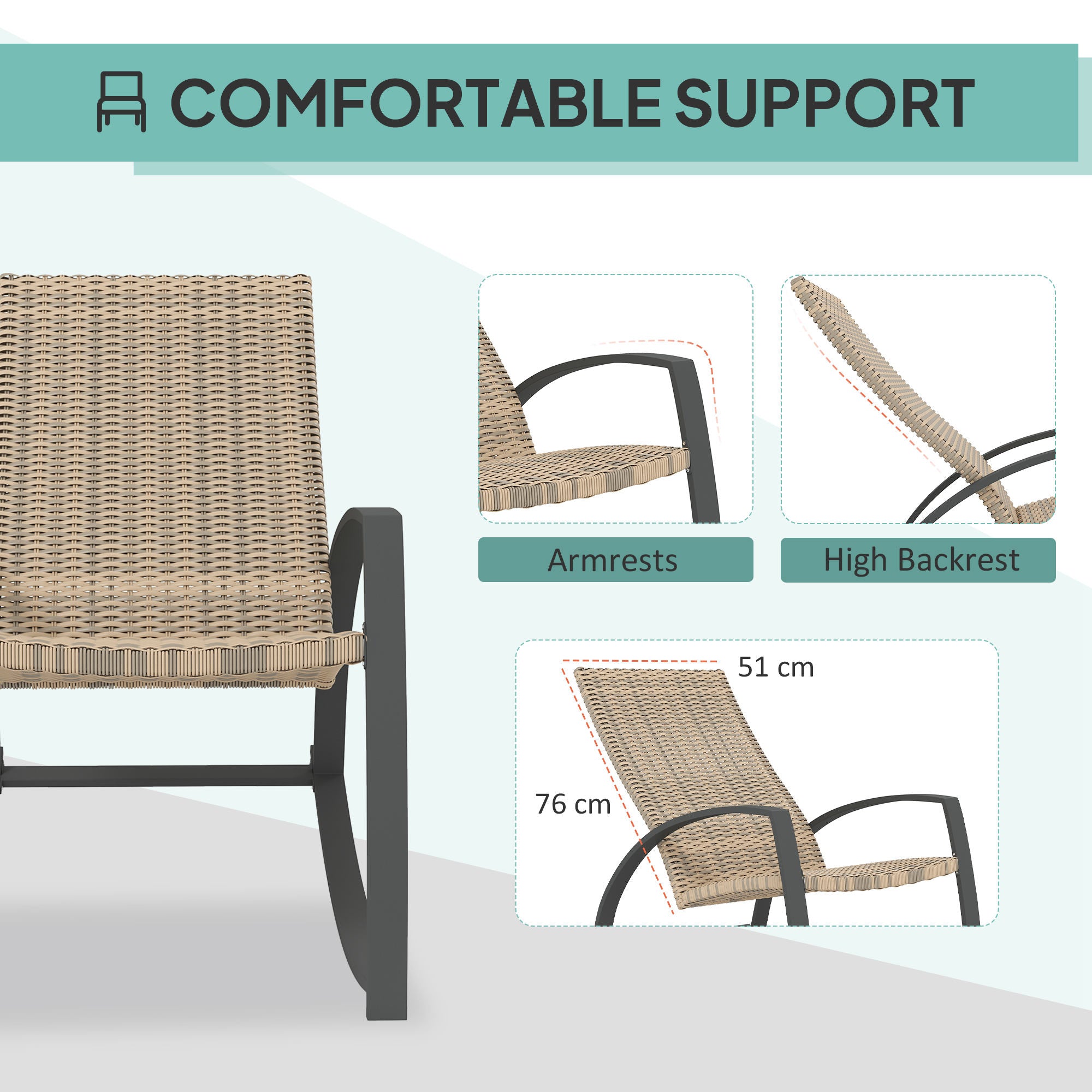 Outsunny 2 Pieces Wicker Outdoor Rocking Chair Set, PE Rattan Patio Rocking Chair Set with High Backrest, Armrests and Adjustable Foot Pads for Garden Backyard Porch, Khaki