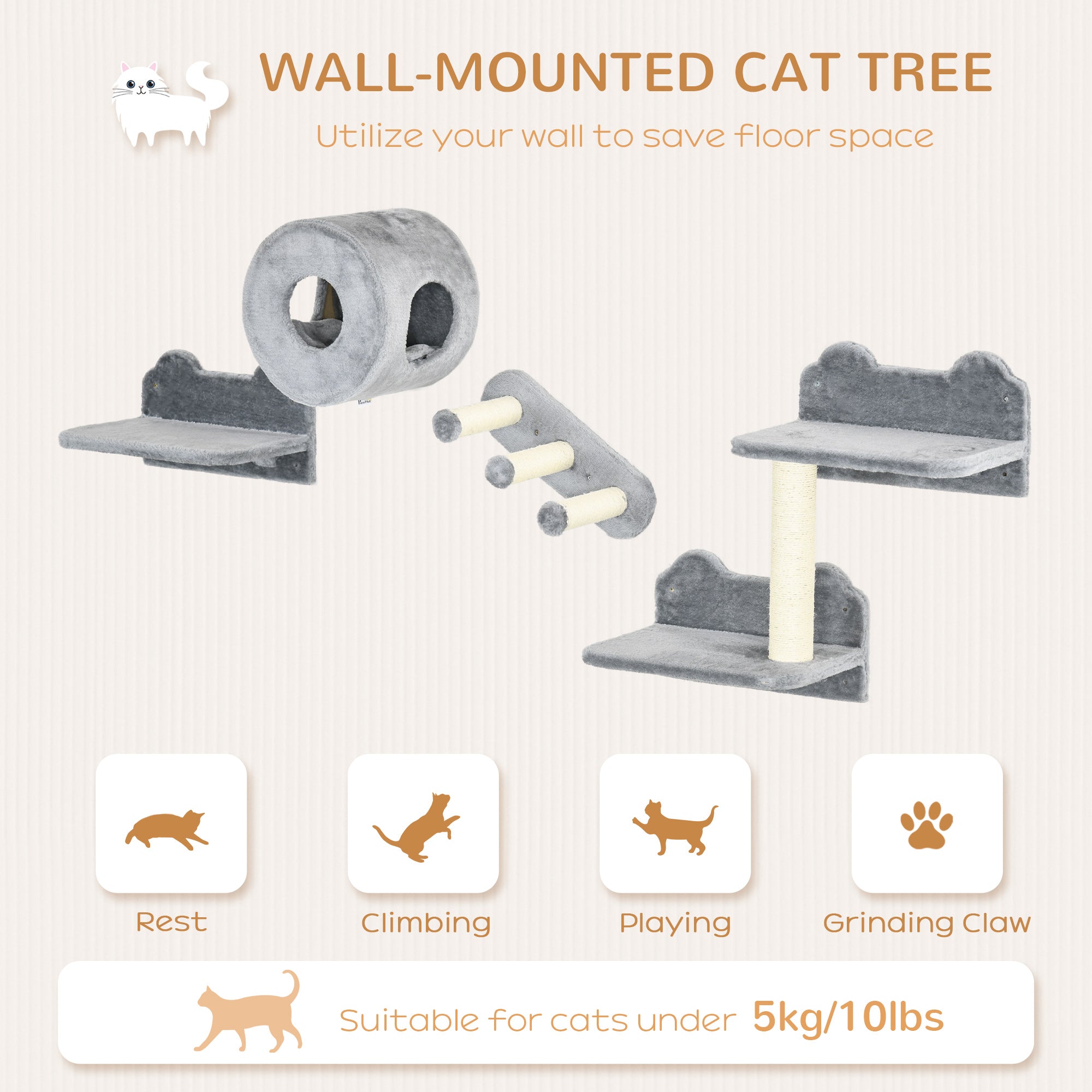 PawHut 4Pcs Cat Wall Shelf with Scratching Post, Steps, Platforms, Condo, Cat Shelves for Relaxing, Sleeping, Jumping, Cat Wall Climber for Indoor Cats, Grey