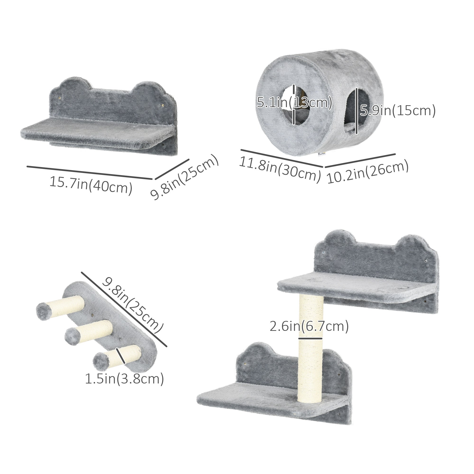 PawHut 4Pcs Cat Wall Shelf with Scratching Post, Steps, Platforms, Condo, Cat Shelves for Relaxing, Sleeping, Jumping, Cat Wall Climber for Indoor Cats, Grey