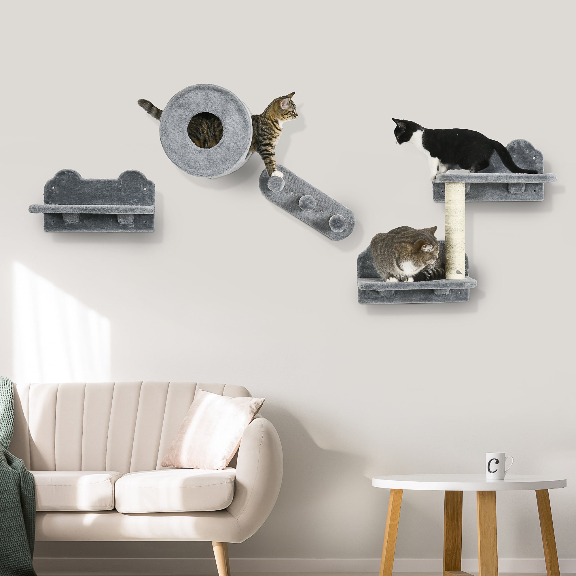 PawHut 4Pcs Cat Wall Shelf with Scratching Post, Steps, Platforms, Condo, Cat Shelves for Relaxing, Sleeping, Jumping, Cat Wall Climber for Indoor Cats, Grey