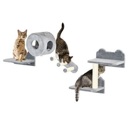 PawHut 4Pcs Cat Wall Shelf with Scratching Post, Steps, Platforms, Condo, Cat Shelves for Relaxing, Sleeping, Jumping, Cat Wall Climber for Indoor Cats, Grey