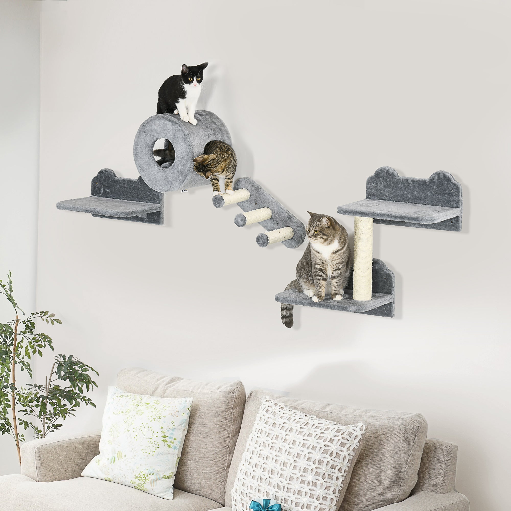 PawHut 4Pcs Cat Wall Shelf with Scratching Post, Steps, Platforms, Condo, Cat Shelves for Relaxing, Sleeping, Jumping, Cat Wall Climber for Indoor Cats, Grey