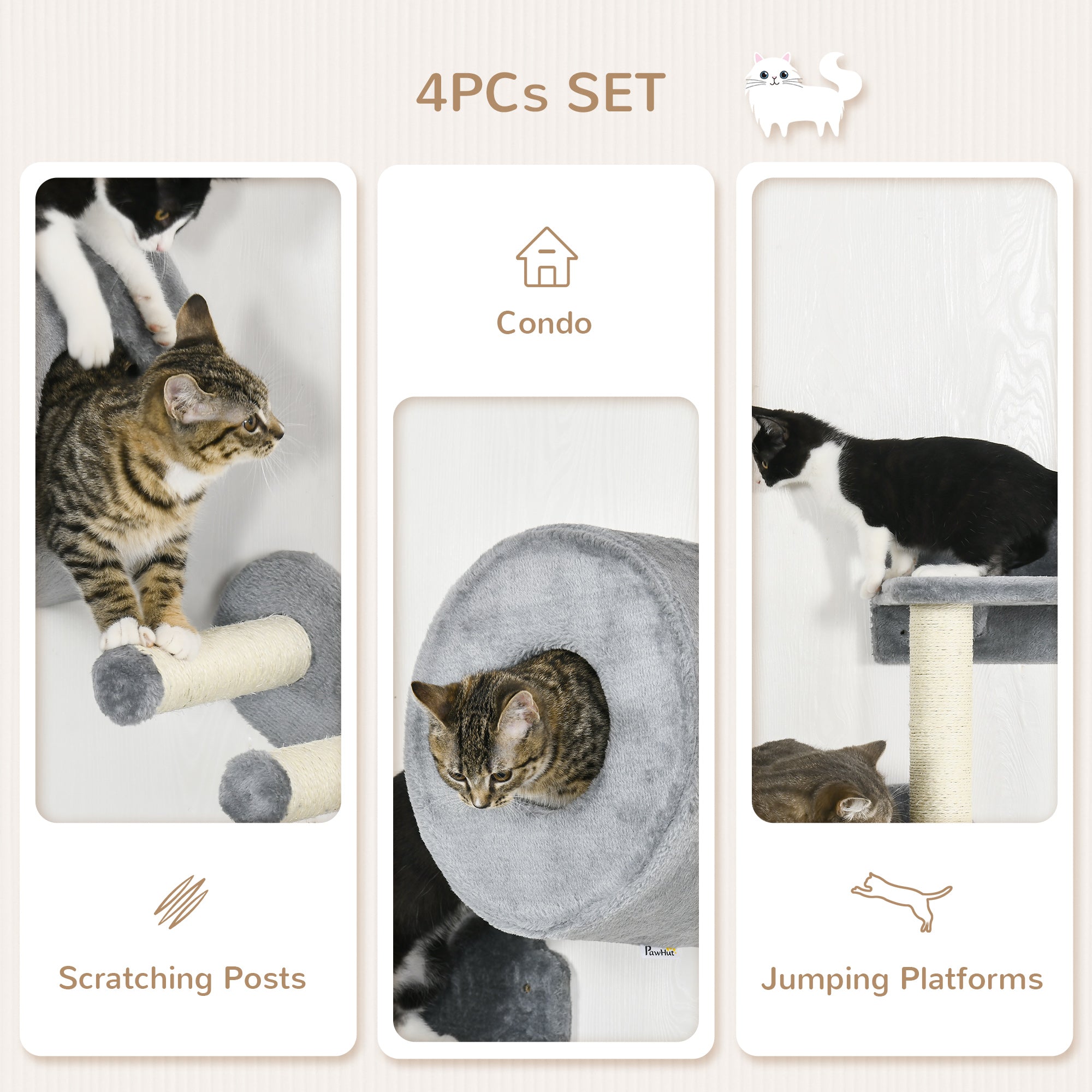 PawHut 4Pcs Cat Wall Shelf with Scratching Post, Steps, Platforms, Condo, Cat Shelves for Relaxing, Sleeping, Jumping, Cat Wall Climber for Indoor Cats, Grey