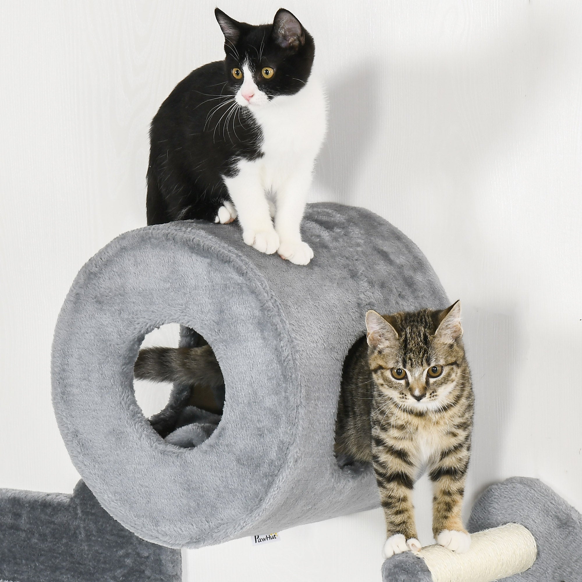 PawHut 4Pcs Cat Wall Shelf with Scratching Post, Steps, Platforms, Condo, Cat Shelves for Relaxing, Sleeping, Jumping, Cat Wall Climber for Indoor Cats, Grey