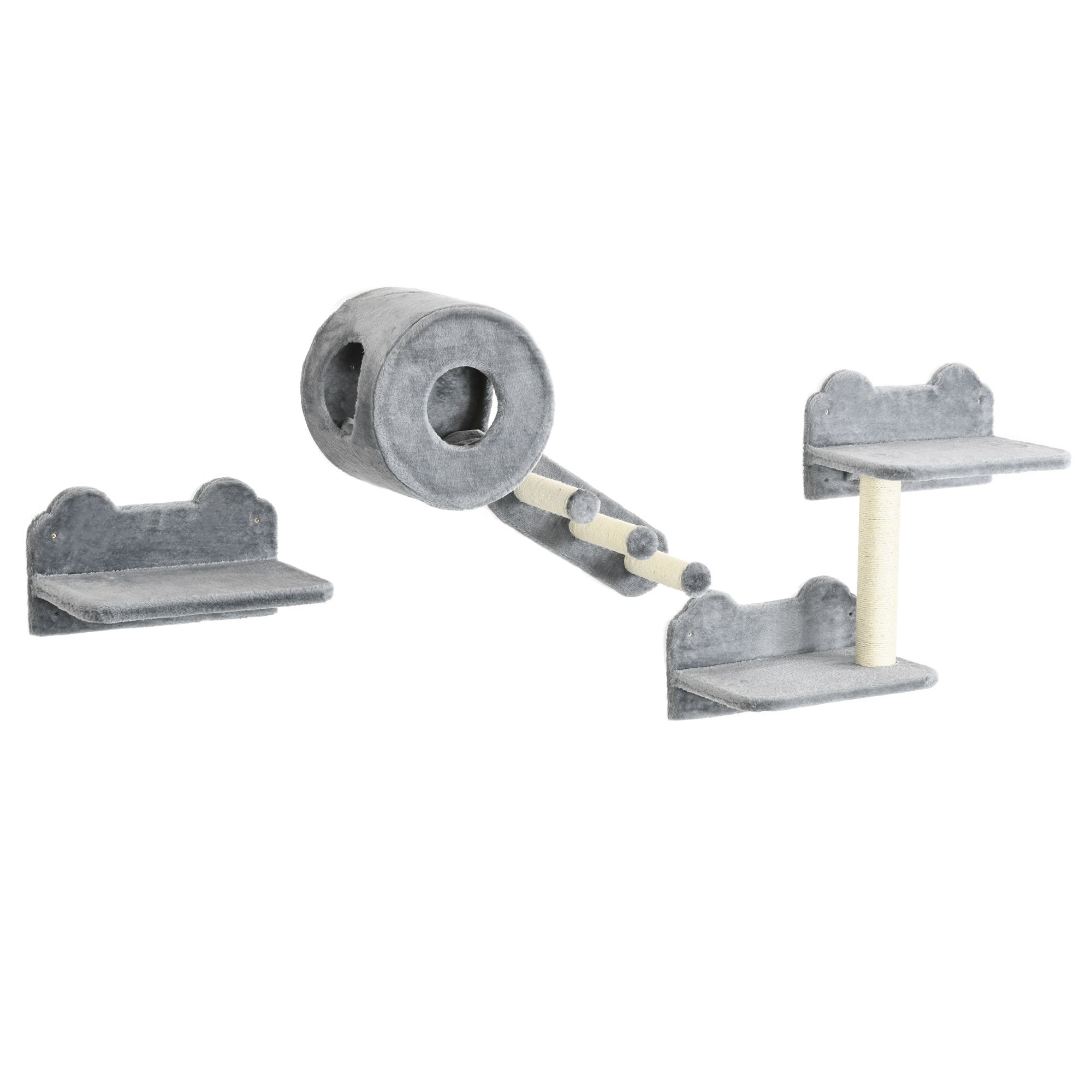PawHut 4Pcs Cat Wall Shelf with Scratching Post, Steps, Platforms, Condo, Cat Shelves for Relaxing, Sleeping, Jumping, Cat Wall Climber for Indoor Cats, Grey