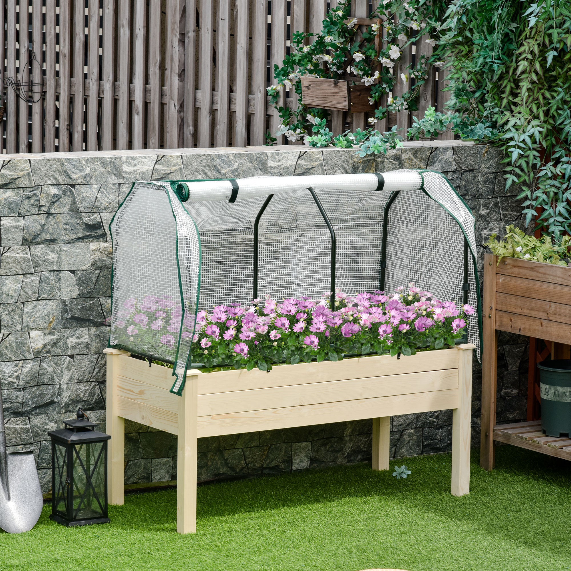 Outsunny Raised Garden Bed with PE Greenhouse Cover Outdoor Elevated Wood Planter Box for Herbs and Vegetables, Use for Patio, Backyard, Balcony, 48 x 22 x 46 inch, Natural