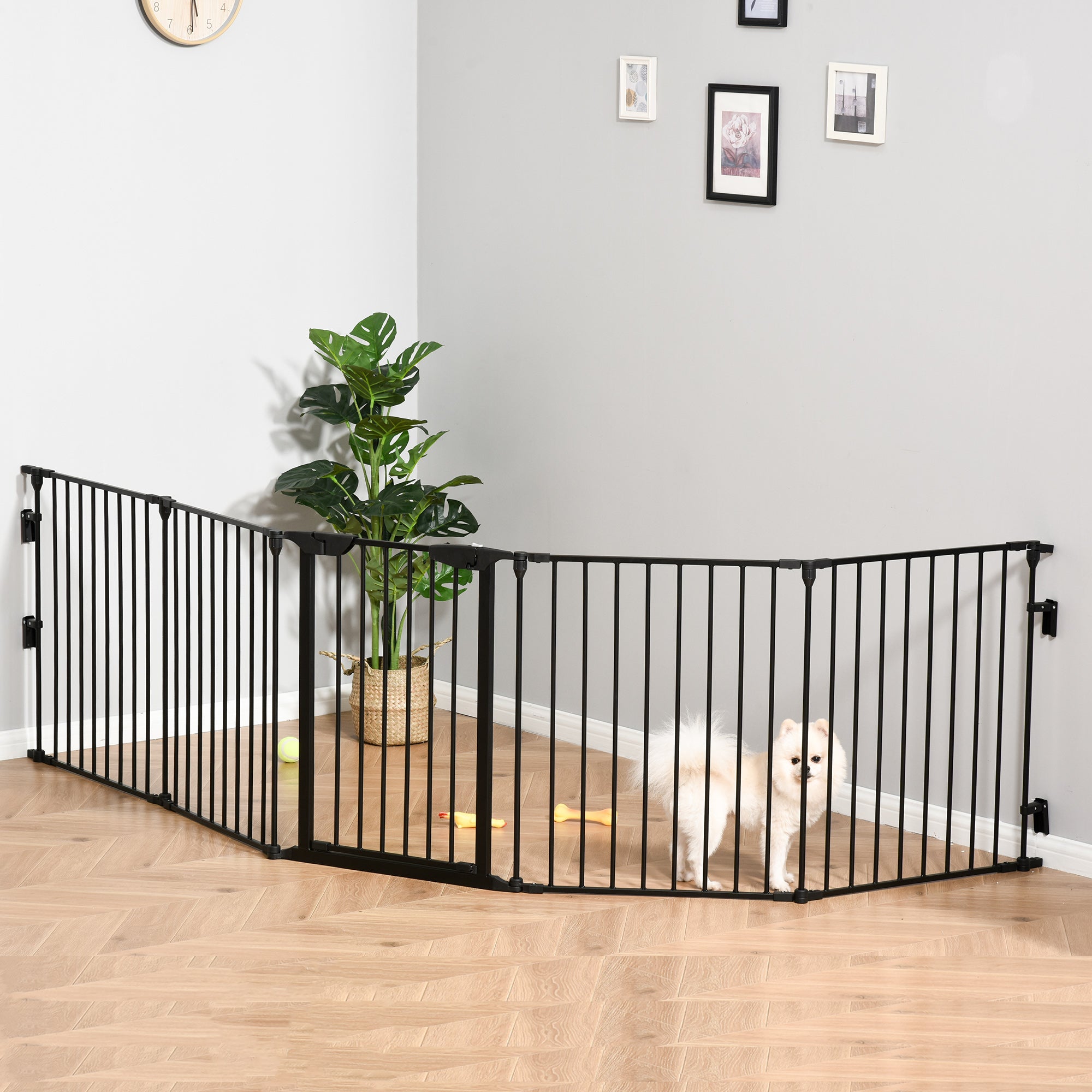 PawHut Pet Safety Gate, 5 Panels Playpen Fireplace, Metal Fence, Stair Barrier, Room Divider w/ Walk-Through Door - Black