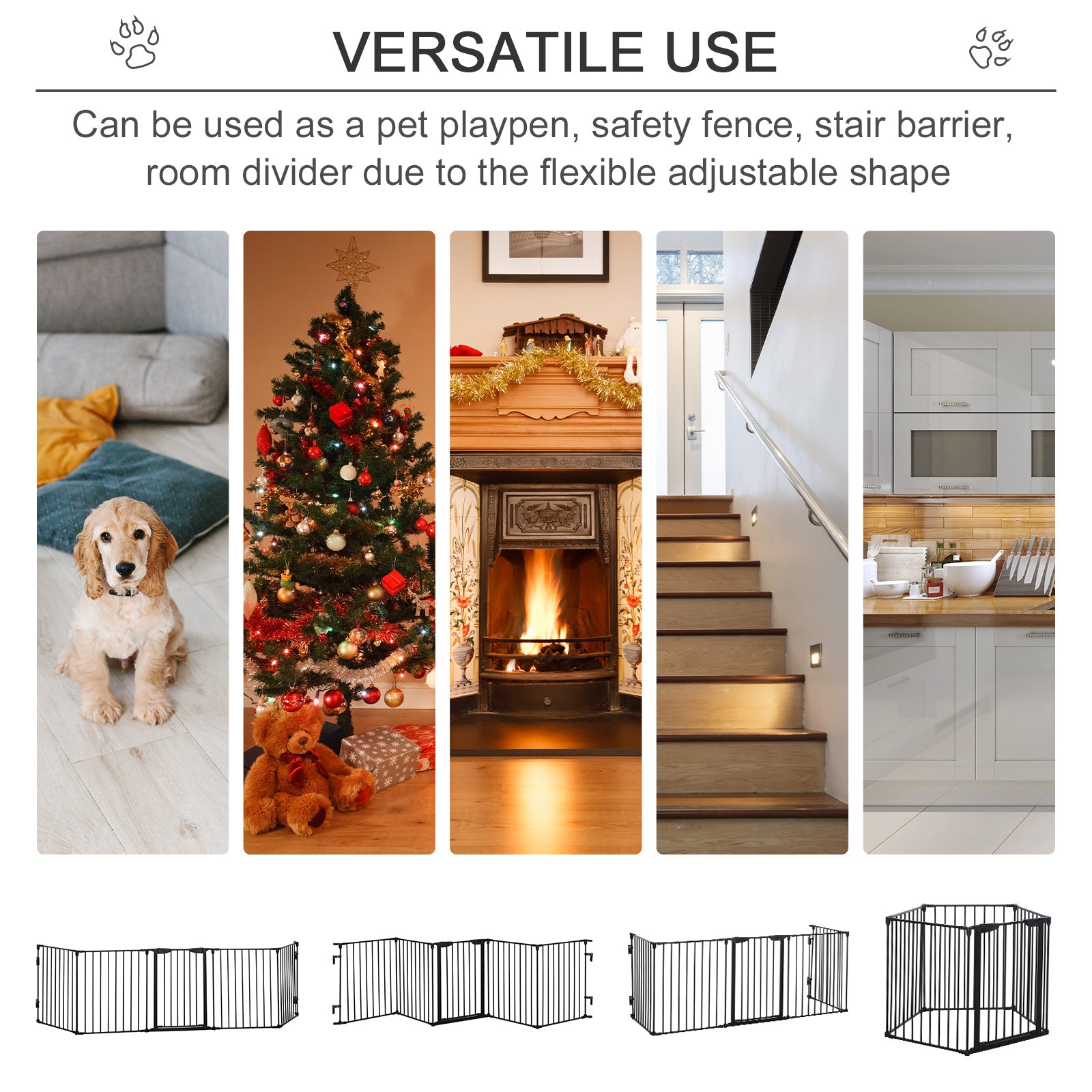 PawHut Pet Safety Gate, 5 Panels Playpen Fireplace, Metal Fence, Stair Barrier, Room Divider w/ Walk-Through Door - Black