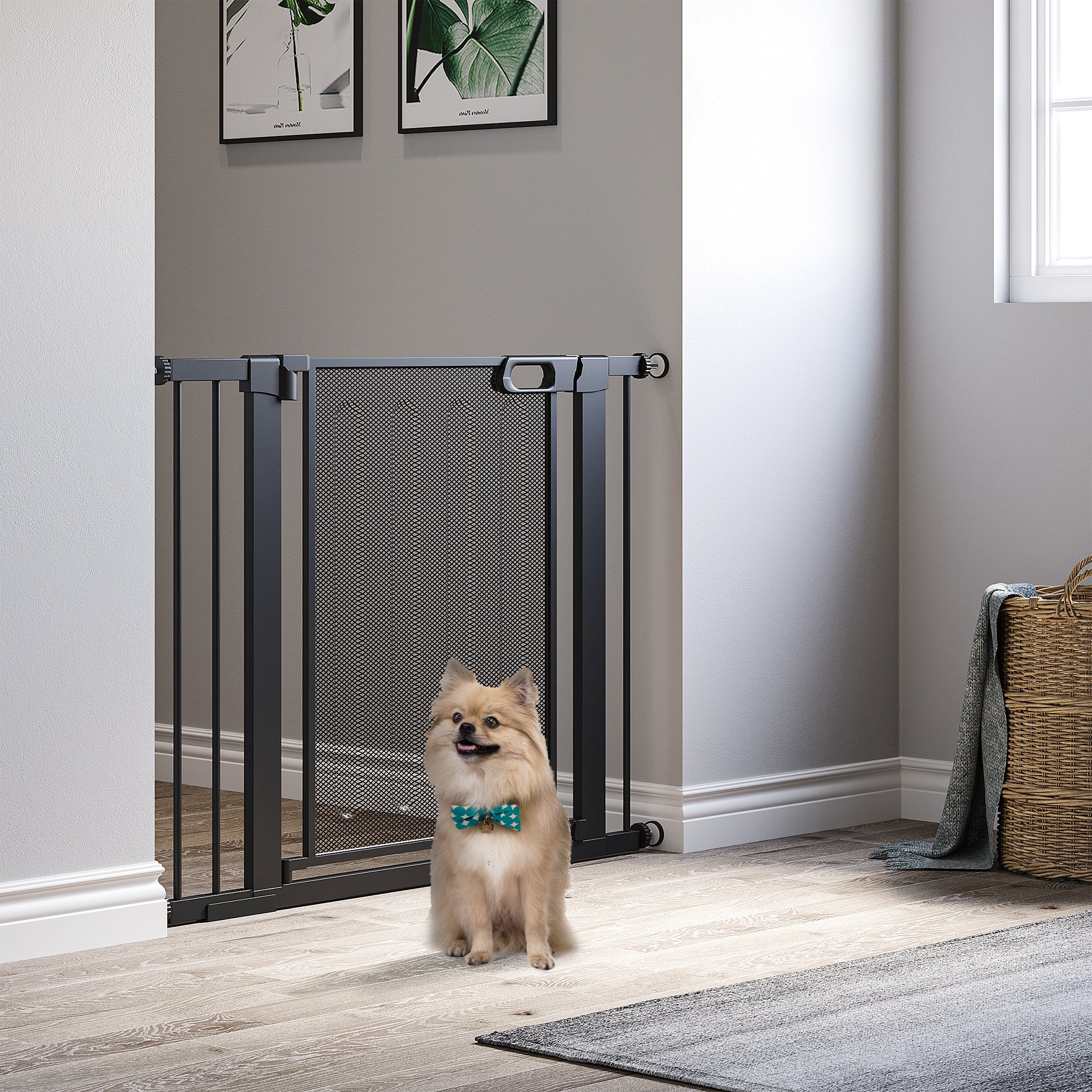 PawHut Pressure Fit Safety Gate for Doorways and Staircases, Dog Gate w/ Auto Closing Door, Pet Barrier for Hallways w/ Double Locking, Openings 75-103CM - Black