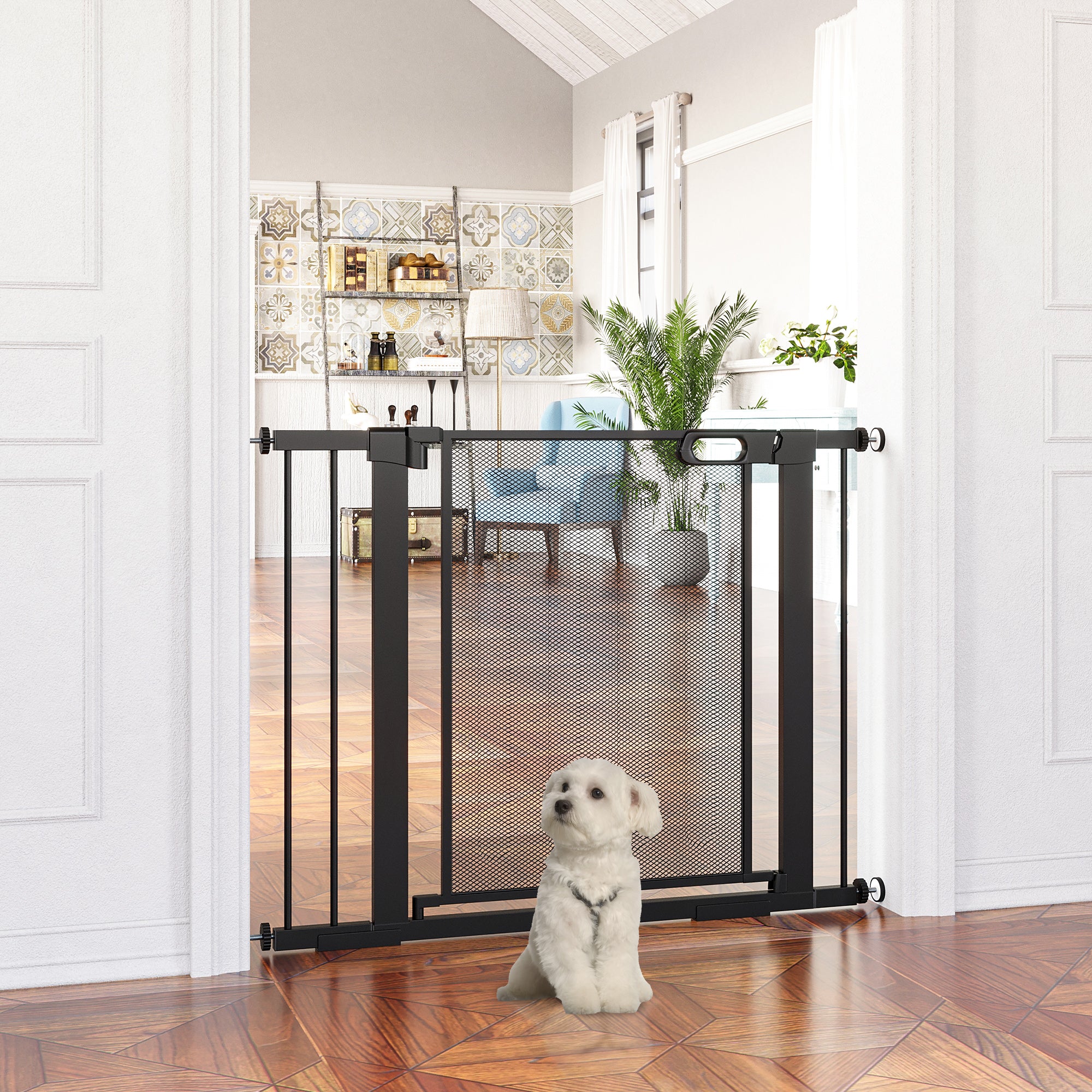 PawHut 29.5"-40.6" Metal Pet Gate, w/ Auto Closing Door, Double Locking, Dog Gate for Doorways, Stairs, Hallways, Indoor/Outdoor, Black