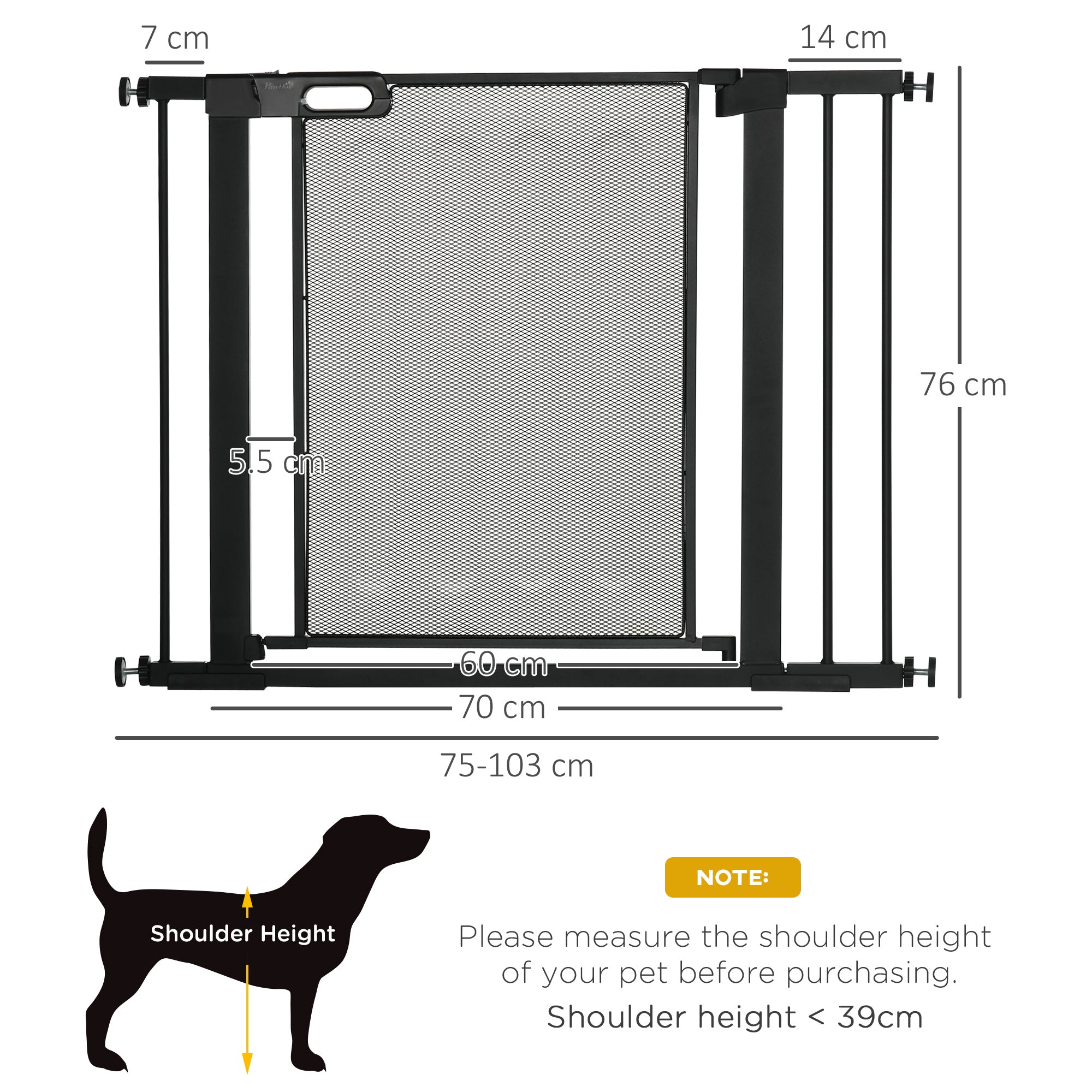 PawHut Pressure Fit Safety Gate for Doorways and Staircases, Dog Gate w/ Auto Closing Door, Pet Barrier for Hallways w/ Double Locking, Openings 75-103CM - Black