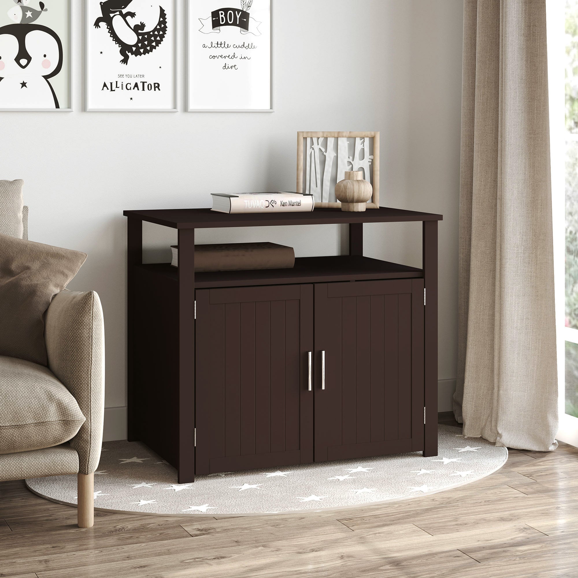 PawHut Litter Box Enclosure Cat Washroom Kitten House Furniture Nightstand End Table Hideaway Cabinet with Removable/ Adjustable Divider Magnetic Doors Brown