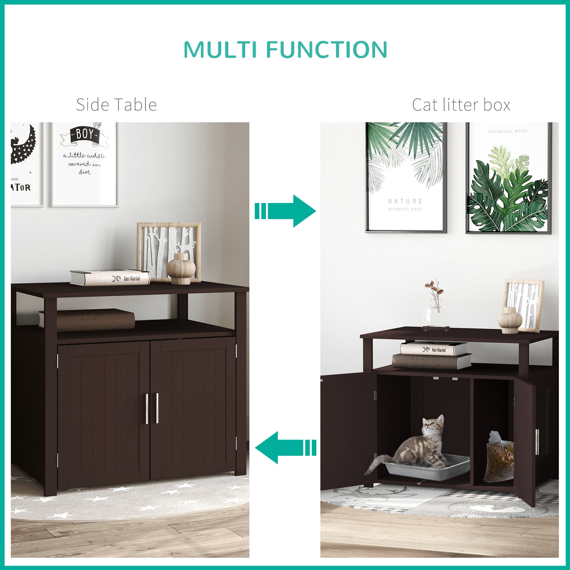 PawHut Litter Box Enclosure Cat Washroom Kitten House Furniture Nightstand End Table Hideaway Cabinet with Removable/ Adjustable Divider Magnetic Doors Brown