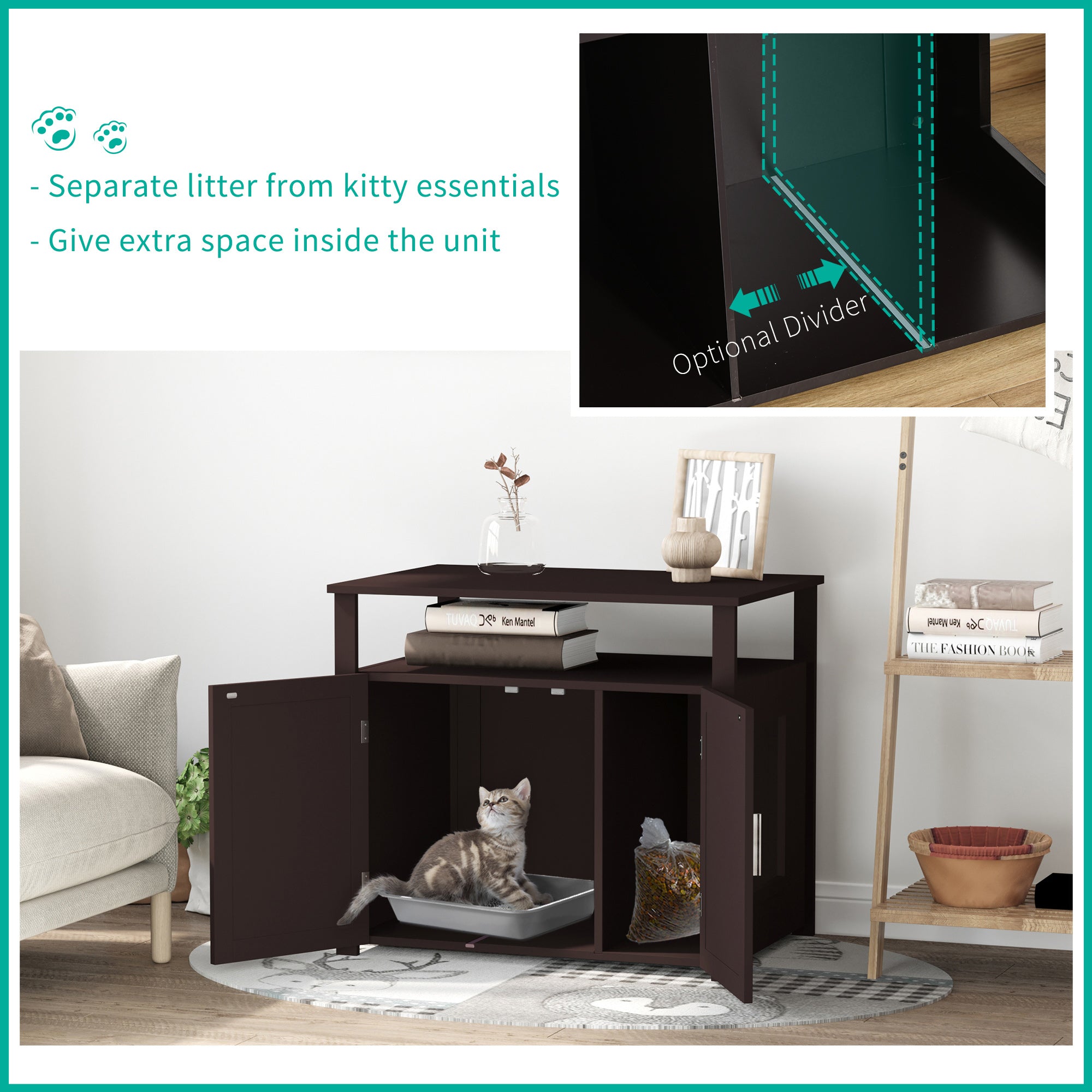PawHut Litter Box Enclosure Cat Washroom Kitten House Furniture Nightstand End Table Hideaway Cabinet with Removable/ Adjustable Divider Magnetic Doors Brown