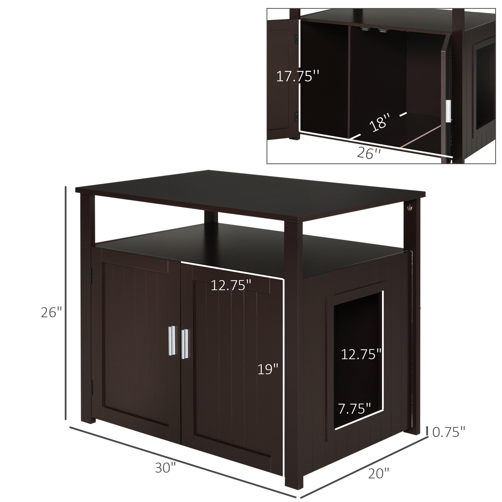 PawHut Litter Box Enclosure Cat Washroom Kitten House Furniture Nightstand End Table Hideaway Cabinet with Removable/ Adjustable Divider Magnetic Doors Brown