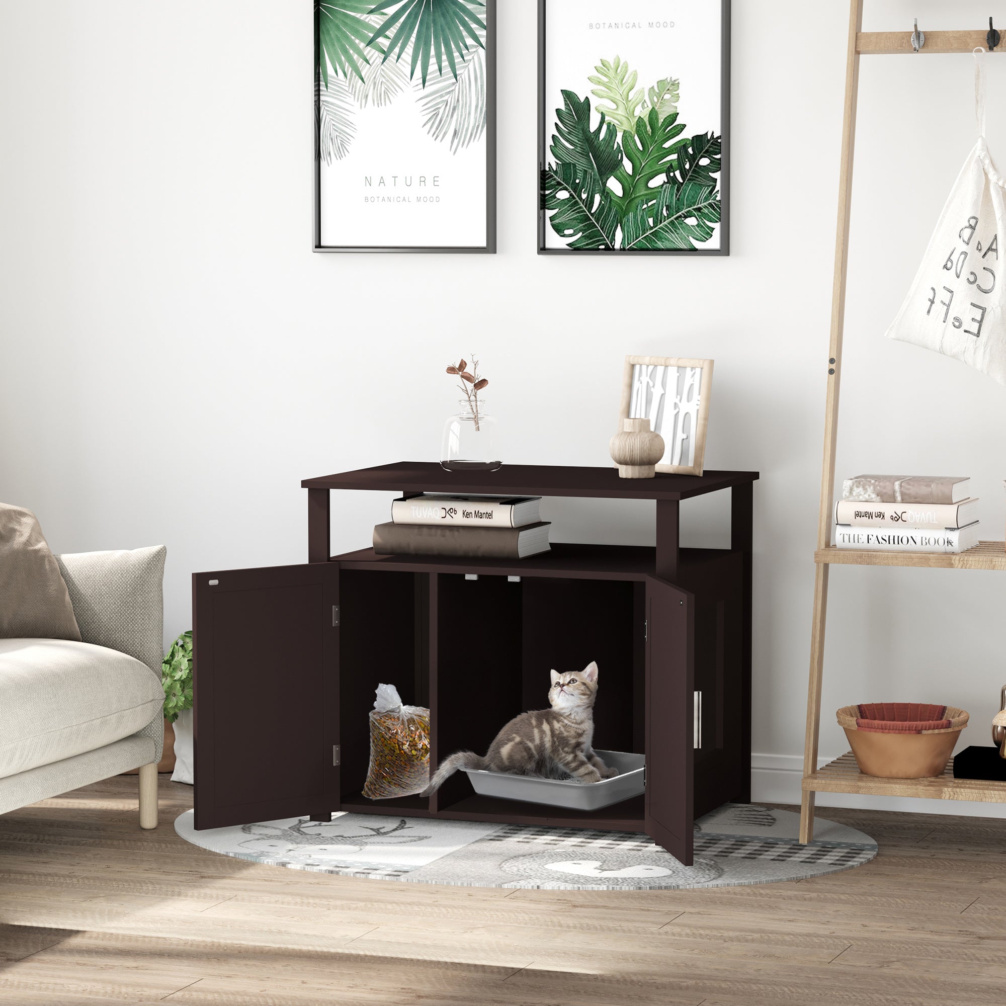 PawHut Litter Box Enclosure Cat Washroom Kitten House Furniture Nightstand End Table Hideaway Cabinet with Removable/ Adjustable Divider Magnetic Doors Brown