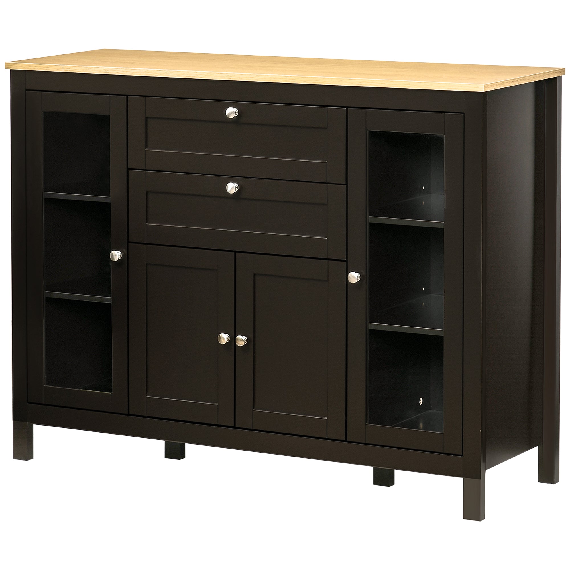 HOMCOM Sideboard Buffet Cabinet with 2 Drawers 3 Storage Cabinets, Coffee Bar Cabinet with Glass Doors, Kitchen Cabinet with Adjustable Shelves, Dark Brown