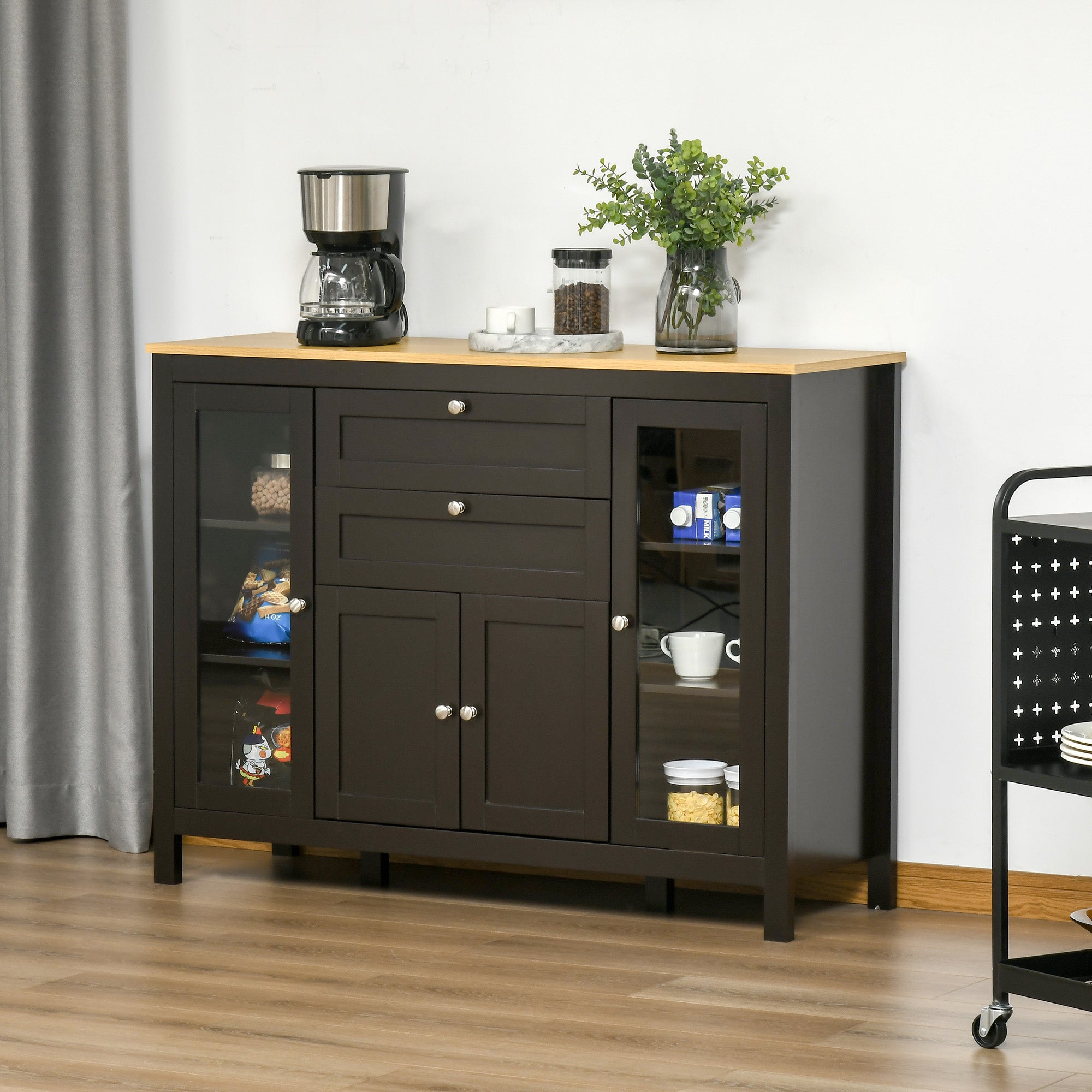HOMCOM Sideboard Buffet Cabinet with 2 Drawers 3 Storage Cabinets, Coffee Bar Cabinet with Glass Doors, Kitchen Cabinet with Adjustable Shelves, Dark Brown